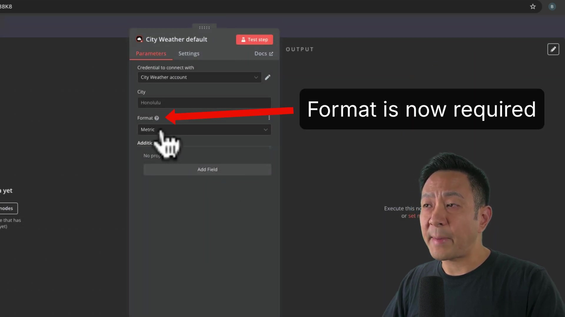 The image shows a screen capture of a custom node configuration interface, labeled 'City Weather default'. The interface includes fields for 'Credential to connect with', 'City', and 'Format'. The 'Format' field is highlighted with a red arrow, and the text 'Format is now required' is superimposed on the image. A man is visible in the lower right corner, seemingly explaining the interface.
