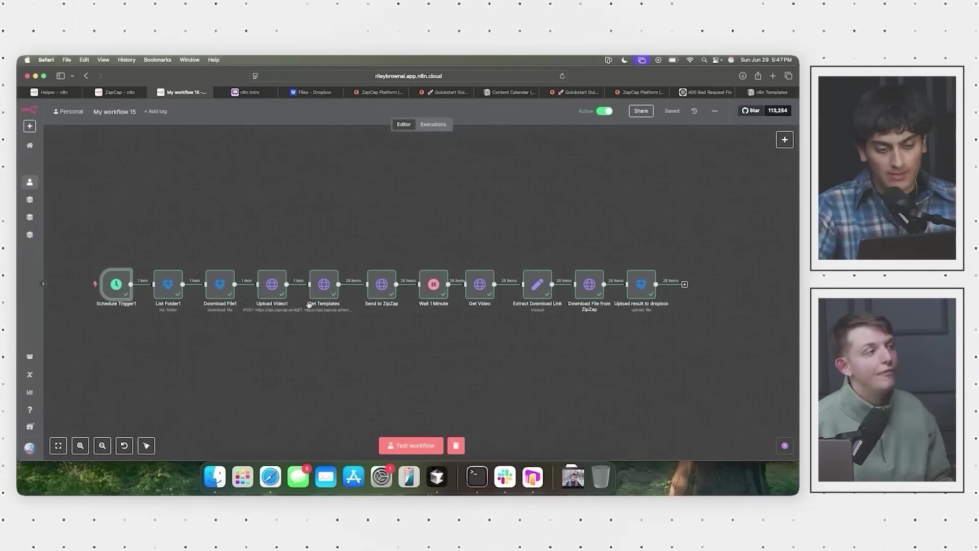 The image displays a software interface, likely n8n, showing a complex workflow diagram. The workflow consists of multiple connected nodes, including 'Schedule Trigger', 'List Folder', 'Download File', 'Upload Video', 'Send to ZapCap', 'Wait 1 Minute', 'Get Video', 'Extract Download Link', and 'Download File from Dropbox'. Each node has text indicating its function and some show item counts like '1 item', '3 items', '20 items'. The interface has 'Editor' and 'Executions' tabs, and buttons for 'Active', 'Share', and 'Saved'. A 'Test workflow' button is visible at the bottom left. Two male presenters are visible in inset frames on the right, observing the screen.