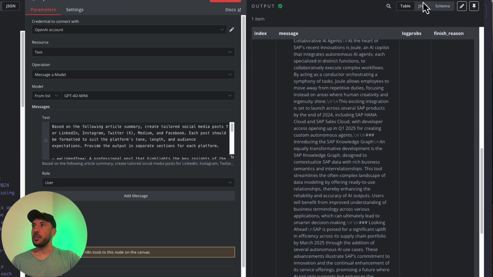 The image displays a split screen within the n8n automation platform. On the left, an 'AI' node is configured with 'Parameters' selected. The node is set to connect to an 'OpenAI account', use 'GPT-4O-MINI' model, and generate 'Message' type output. A text area contains instructions for the AI to create tailored social media posts for LinkedIn, Instagram, Twitter (X), and Medium based on a provided article summary. On the right side, a 'JSON' output panel shows a message containing a lengthy article about 'Collaborative AI agents' and 'SAP's recent innovations'. The article discusses Joulie, an AI copilot, and the SAP Knowledge Graph, with details about SAP HANA Cloud and SAP Sales Cloud. The bottom left corner shows a person's head, indicating a tutorial.