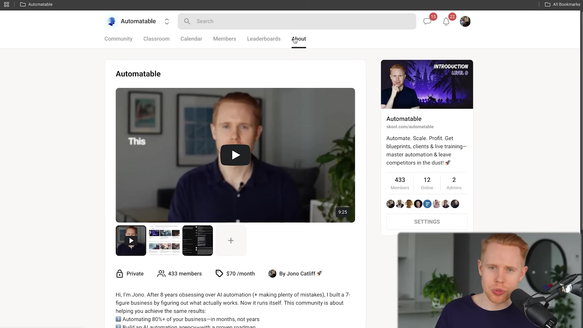 The image displays the 'Automateable' community page on Skool.com. The top navigation bar includes 'Community', 'Classroom', 'Calendar', 'Members', 'Leaderboards', and 'About'. The main content area features a large embedded video player with the title 'This' and a play button, suggesting a video about the community. To the right, a section titled 'Automatable' provides details: 'skool.com/automataable', 'Automate. Scale. Profit. Get blueprints, clients & live training- master automation & leave competitors in the dust!'. It also shows membership statistics: '433 Members', '12 Online', '2 Admins'. Below this, there's a 'SETTINGS' button and a section with user avatars. Further down, a text block introduces 'Jono' and describes his experience with automation. A red-haired man is visible in the bottom right corner, looking at the screen and talking.