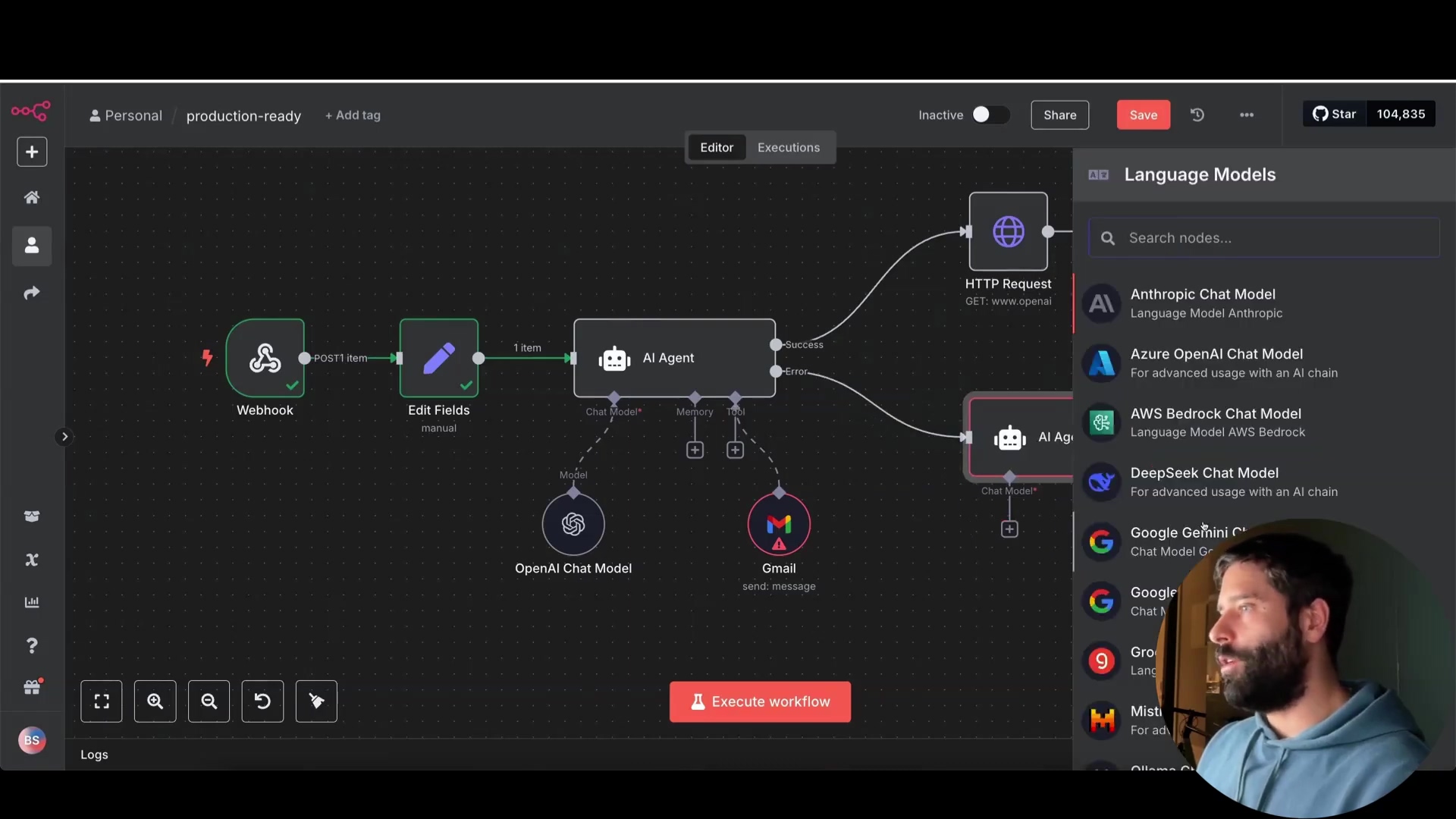 The image displays a dark-themed n8n workflow interface with various interconnected nodes. On the left, a vertical navigation bar shows icons for home, workflows, credentials, users, and settings. The main canvas features a workflow starting with a 'Webhook' node, connected to an 'Edit Fields' node, then an 'AI Agent' node, and finally an 'HTTP Request' node. Below the first 'AI Agent' node, there's an 'OpenAI Chat Model' and a 'Gmail' node. To the right, a sidebar titled 'Language Models' lists several AI models such as 'Anthropic Chat Model', 'Azure OpenAI Chat Model', 'AWS Bedrock Chat Model', 'DeepSeek Chat Model', 'Google Gemini Chat Model', 'Google Chat', 'Groq', and 'Mistral'. A search bar is visible at the top of this sidebar. The bottom of the screen shows a 'Logs' section. A man with a beard is visible in the bottom right corner of the image, looking towards the workflow.