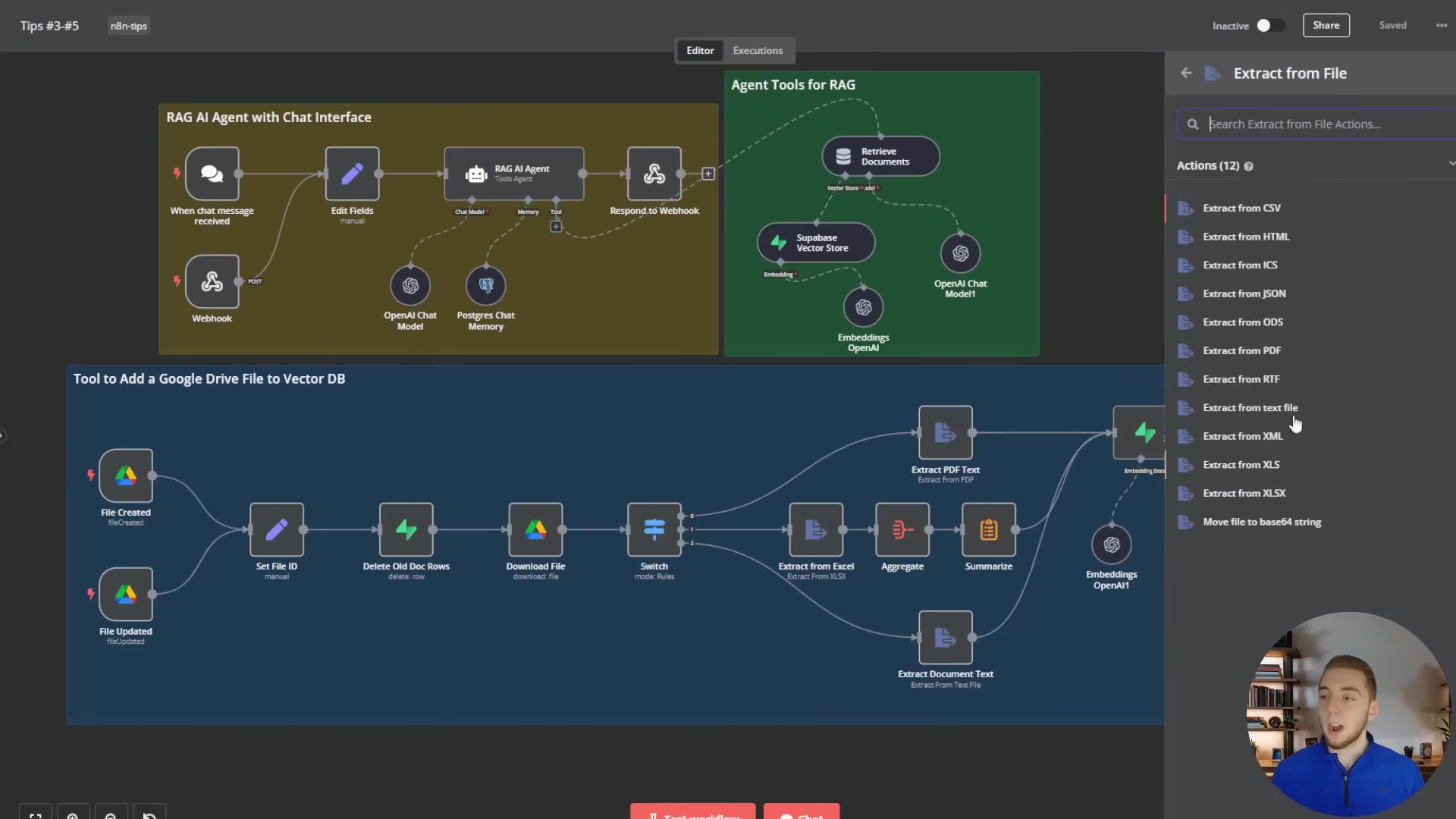 The image displays the n8n workflow interface, showing three distinct sections: 'RAG AI Agent with Chat Interface', 'Agent Tools for RAG', and 'Tool to Add a Google Drive File to Vector DB'. The main section, 'Tool to Add a Google Drive File to Vector DB', is a complex workflow with multiple interconnected nodes, including 'File Created', 'File Updated', 'Set File ID', 'Delete Old Doc Rows', 'Download File', 'Switch', 'Extract from Excel', 'Aggregate', 'Summarize', and 'Embeddings OpenAI'. On the right side, a sidebar titled 'Extract from File' lists various file extraction options such as 'Extract from CSV', 'Extract from HTML', 'Extract from ICS', 'Extract from JSON', 'Extract from ODS', 'Extract from PDF', 'Extract from RTF', 'Extract from text file', 'Extract from XML', 'Extract from XLS', 'Extract from XLSX', and 'Move File to base64 string'. A young man with short brown hair is visible in the bottom right corner, looking towards the screen. The overall color scheme is dark blue for the workflow canvas with various colored nodes.
