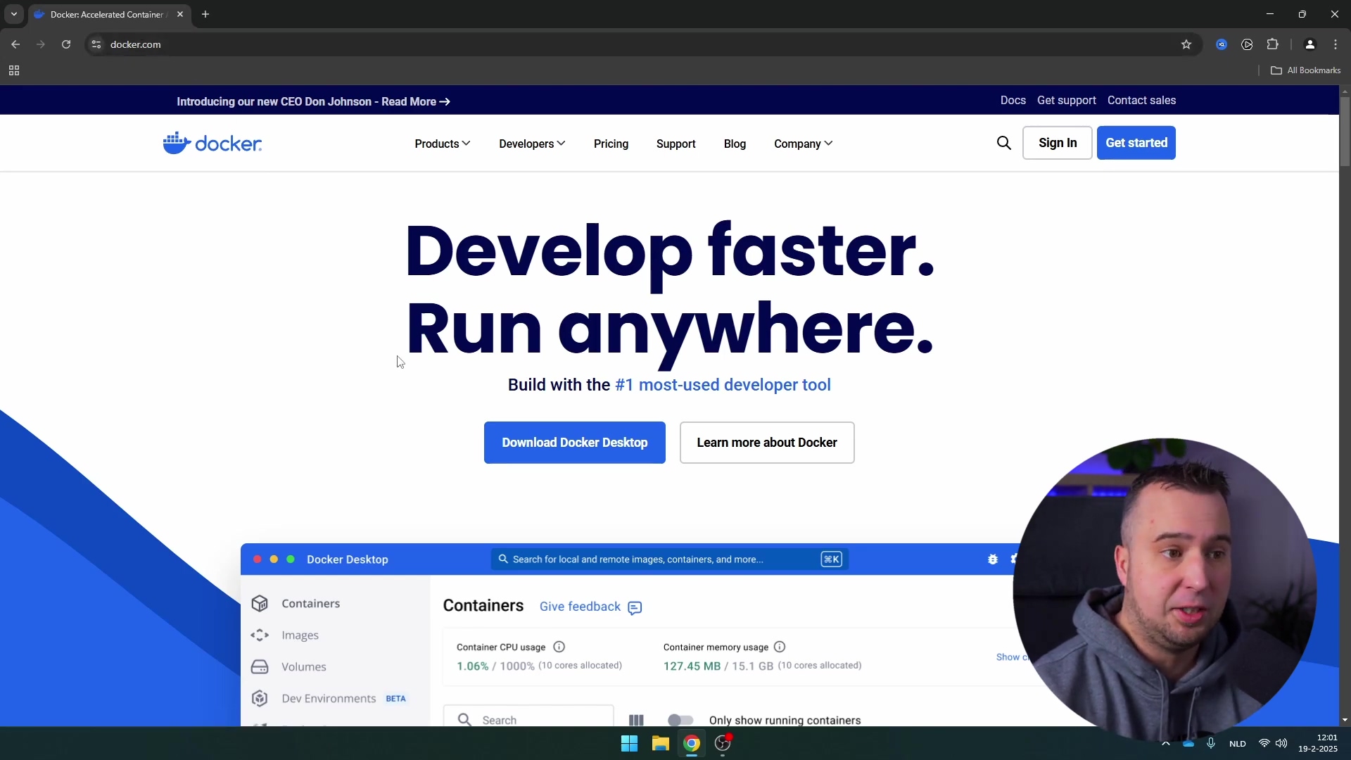 The image displays a web browser window showing the Docker website homepage. The main headline reads 'Develop faster. Run anywhere.' with a subtitle 'Build with the #1 most-used developer tool'. There are two prominent buttons: 'Download Docker Desktop' and 'Learn more about Docker'. The top navigation bar includes 'Products', 'Developers', 'Pricing', 'Support', 'Blog', 'Company', a search icon, 'Sign In', and 'Get started'. A small banner at the top announces 'Introducing our new CEO Don Johnson - Read More'. Part of the Docker Desktop application interface is visible at the bottom, showing sections like 'Containers', 'Images', 'Volumes', and 'Dev Environments'. A man's face is visible in the bottom right corner, partially obscuring the Docker Desktop application.