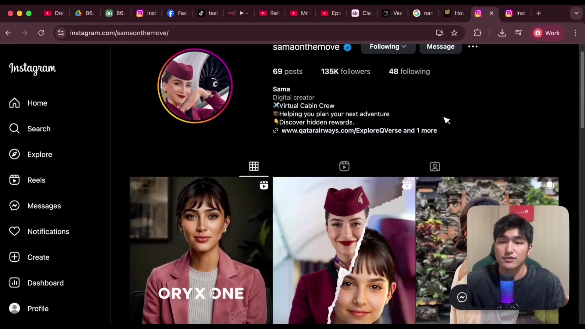 The image displays an Instagram profile page for 'samaonthemove'. The profile shows '69 posts', '135K followers', and '48 following'. The profile picture is a woman in a flight attendant uniform. The bio reads 'Digital creator', 'Virtual Cabin Crew', 'Helping you plan your next adventure', 'Discover hidden rewards.', and a link to 'www.qatarairways.com/ExploreQVerse and 1 more'. Below the profile information, there are two grid-style image previews. The left image shows a woman with dark hair and a pink blazer, with 'ORYX ONE' text partially visible. The right image shows a split face of a woman, one half in a flight attendant uniform and the other half with a natural background. A man is visible in a small video overlay in the bottom right corner, speaking into a microphone.