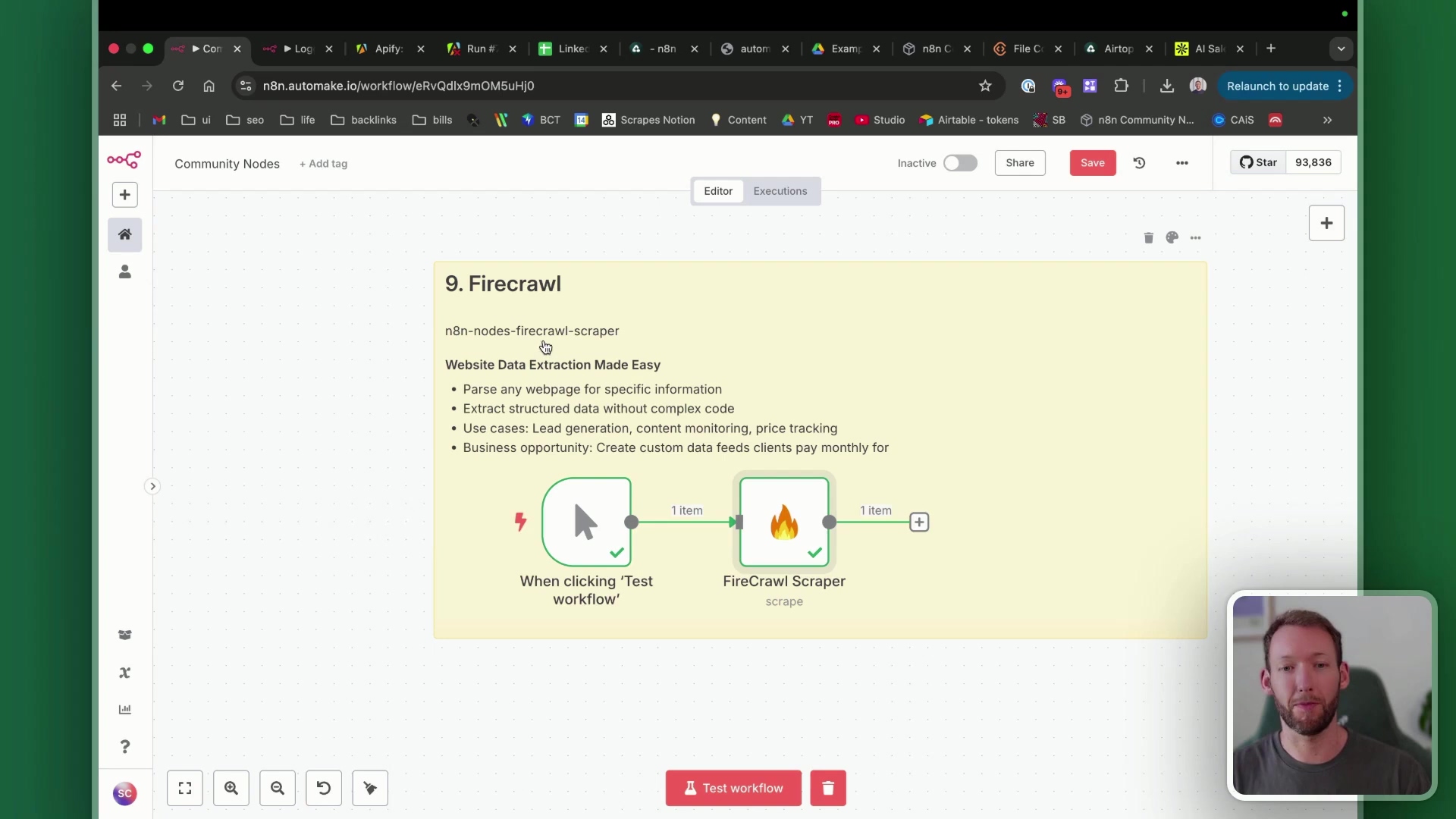 The image displays an n8n workflow interface, focusing on a 'Firecrawl-scraper' node. The node is labeled '9. Firecrawl-scraper' and includes a description: 'Website Data Extraction Made Easy'. Bullet points detail its capabilities: 'Parse any webpage for specific information', 'Extract structured data without complex code', and 'Use cases: Lead generation, content monitoring, price tracking'. A 'Business opportunity' is also mentioned: 'Create custom data feeds clients pay monthly for'. Below the description, a visual flow shows 'When clicking 'Test workflow'' leading to 'FireCrawl Scraper' with '1 item' indicated between the nodes. The top of the screen shows browser tabs and the n8n navigation bar with options like 'Community Nodes' and 'Add tag'. A small picture-in-picture video of a man speaking is visible in the bottom right corner.