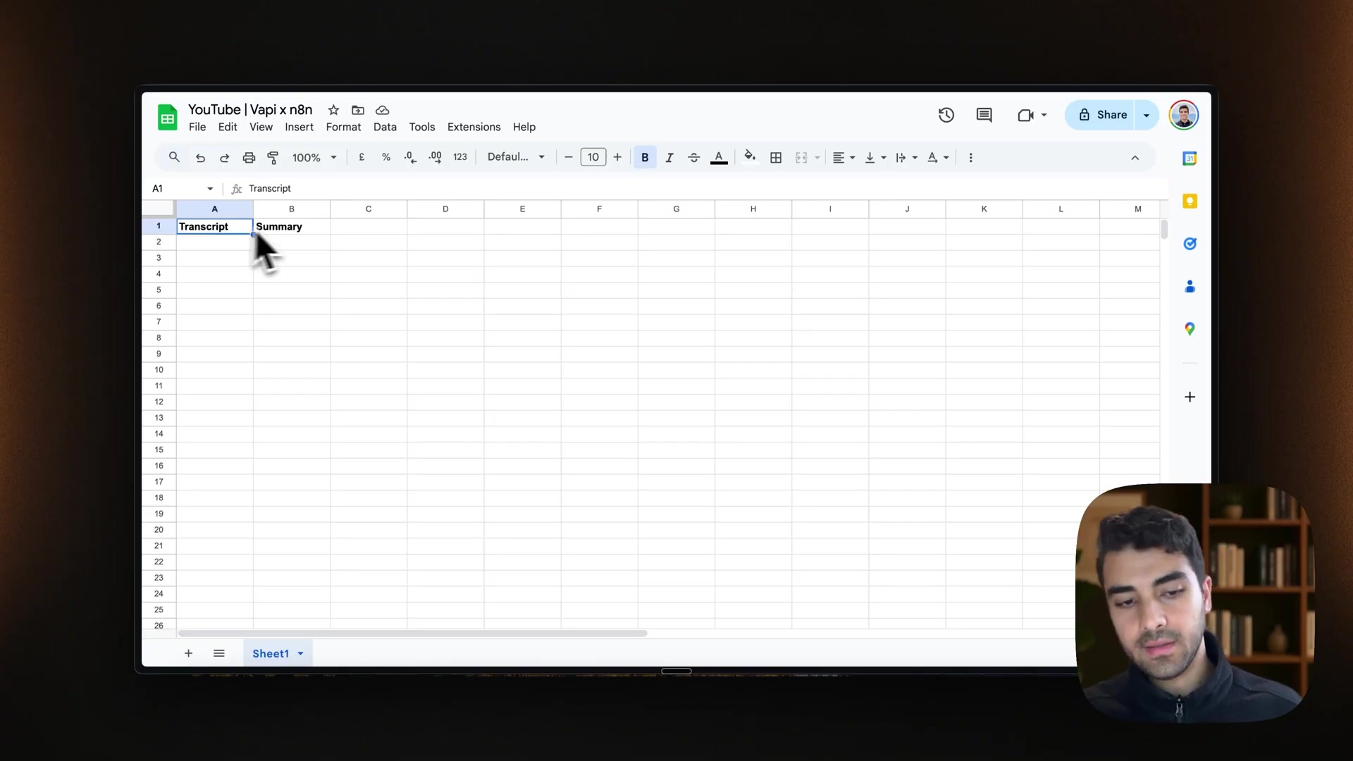 Google Sheets with 'Transcript' and 'Summary' headers