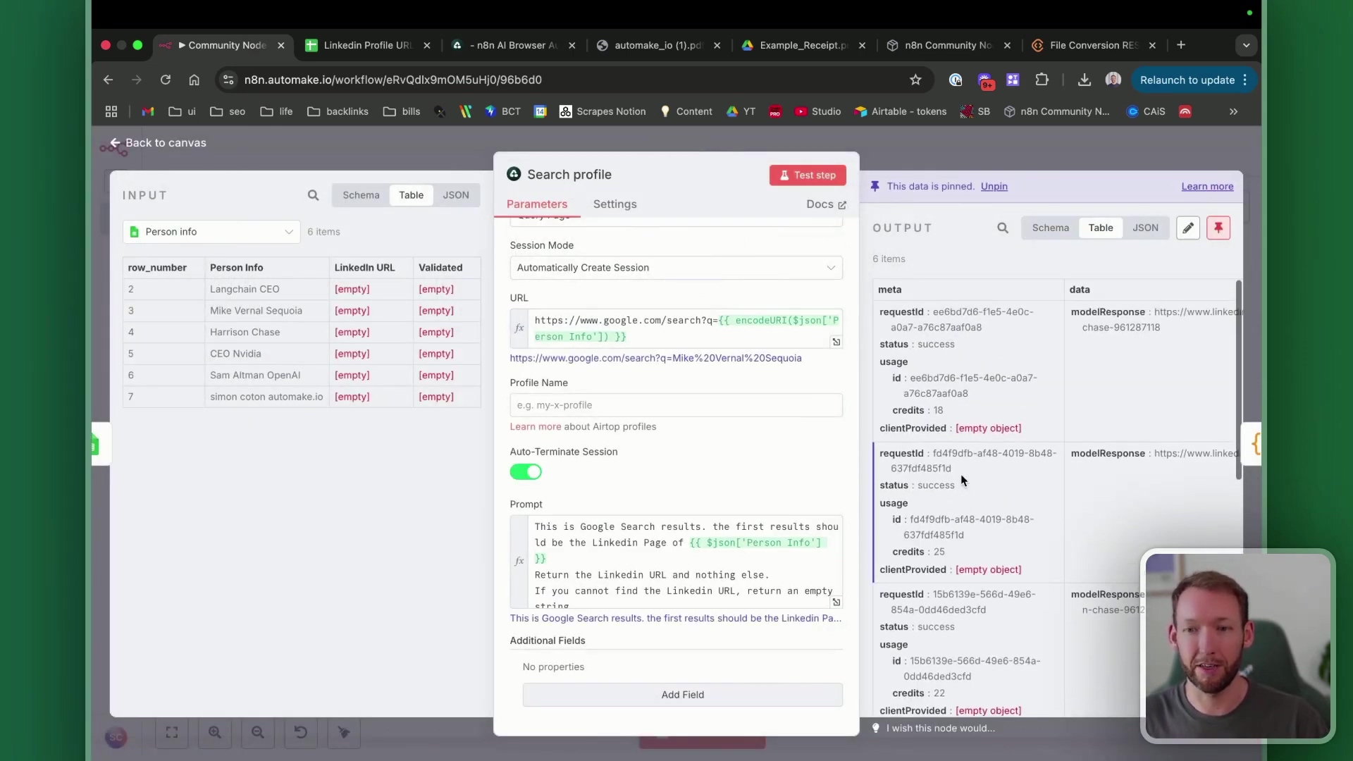The image displays an n8n workflow interface, focusing on a 'Search profile' node, likely for LinkedIn. The left 'INPUT' section shows a table with 'row_number', 'Person Info', and 'LinkedIn URL' columns, containing sample data with 'Person Info' entries like 'Langchan CEO' and 'Mike Vernal Sequoia', and empty 'LinkedIn URL' fields. The central panel configures the 'Search profile' node, with 'Parameters' tab active. It shows 'Session Mode' set to 'Automatically Create Session' and a 'URL' field containing a Google search query for LinkedIn profiles. A 'Prompt' text area contains instructions for the search. The right 'OUTPUT' section, under the 'JSON' tab, displays structured data including 'requestid', 'modelResponse', 'status: success', 'usage', and 'credits'. A small video overlay of a man speaking is visible in the bottom right corner.