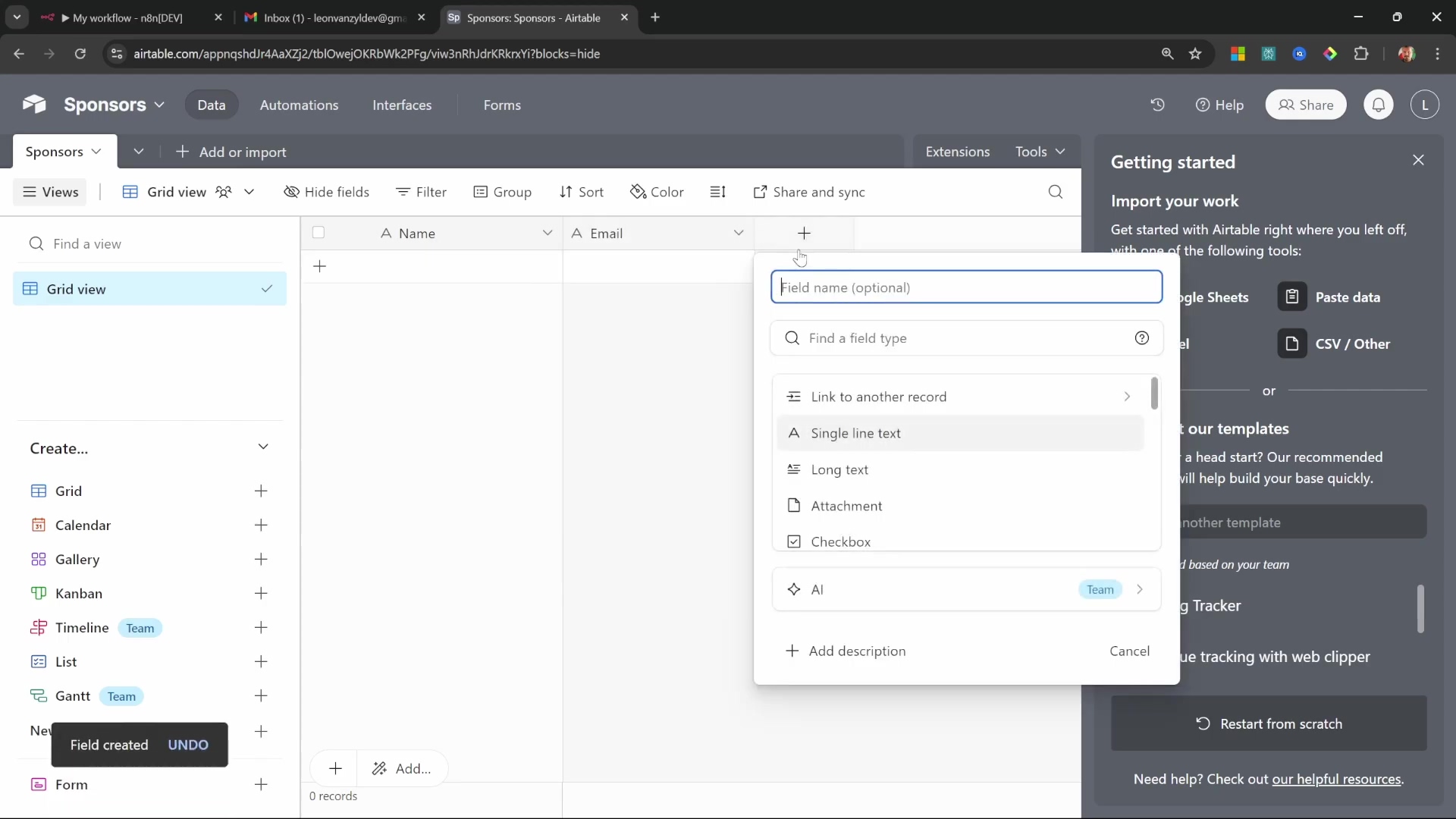 Airtable interface adding new fields to 'Sponsors' table