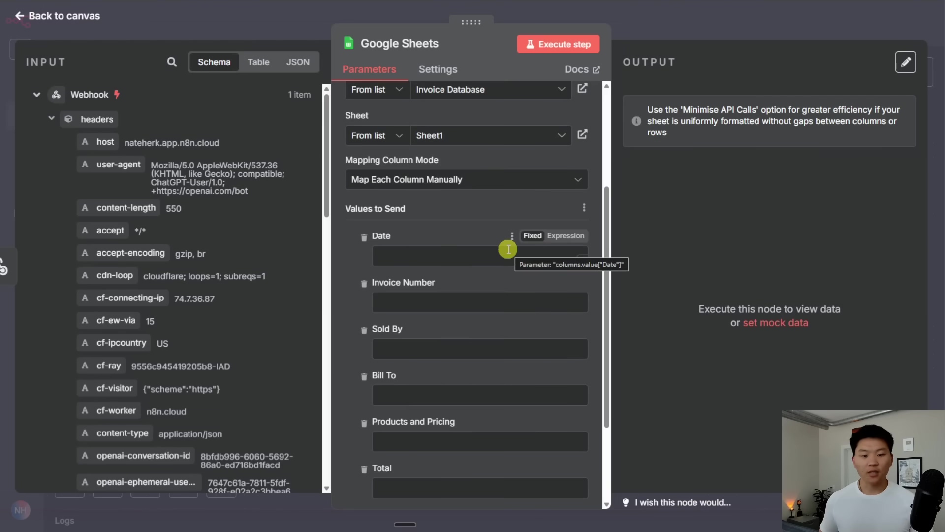 The image shows the n8n interface, specifically configuring a 'Google Sheets' node. The left panel displays various input parameters for the node, including 'From list' and 'Invoice Database' options for selecting a sheet, 'Mapping Column Mode', and 'Values to Send'. Below 'Values to Send', there are input fields for 'Date', 'Invoice Number', 'Sold By', 'Bill To', 'Products and Pricing', and 'Total', with an expression for 'Date' visible. The right side of the screen provides instructions on how to execute the step and notes about minimizing API calls. A person is visible in the bottom right corner, looking towards the screen.