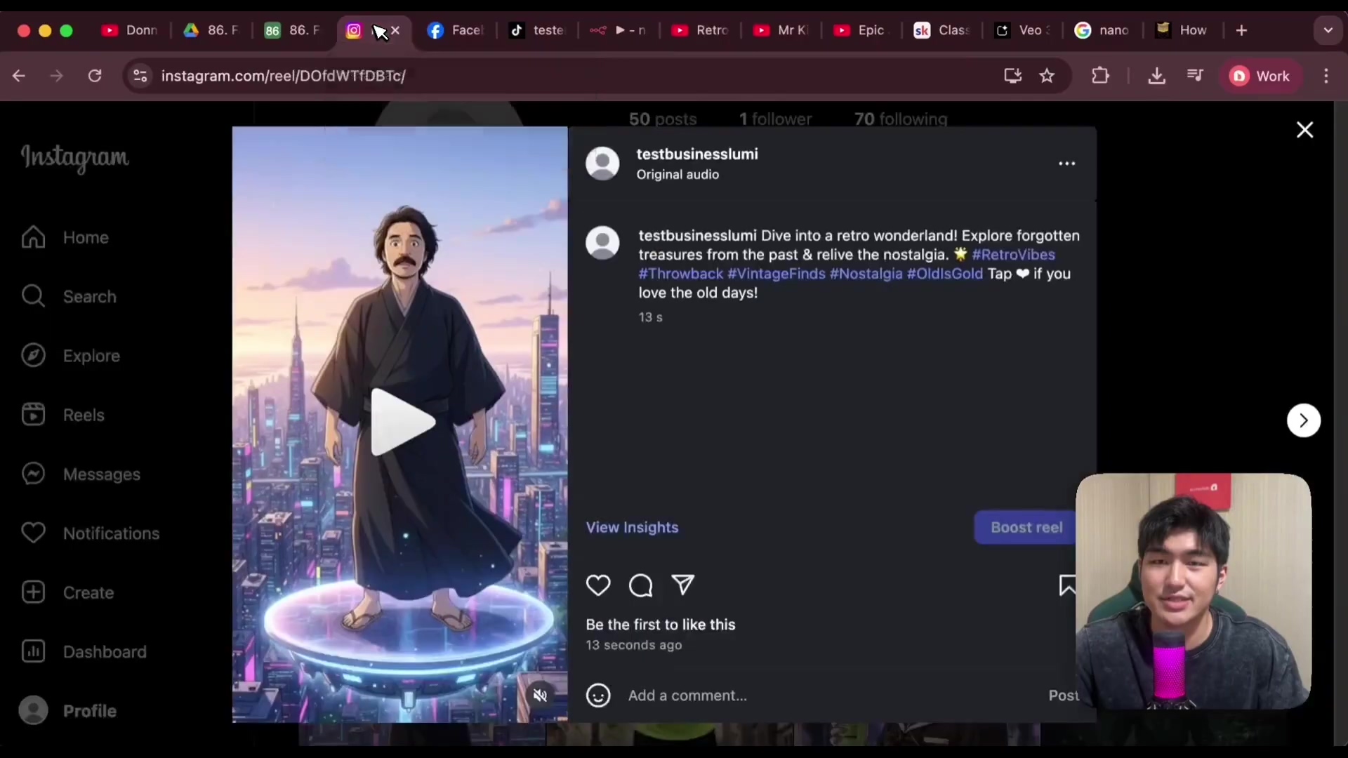 The image displays an Instagram interface displaying a video post. On the left, a video of an animated character in a kimono standing on a glowing platform in a futuristic city is playing. The character has a mustache and dark hair. On the right, the Instagram post details are visible, including the username 'testbusinesslumi', a caption that reads "Dive into a retro wonderland! Explore forgotten treasures from the past & relive the nostalgia. #retrovibes #Throwback #VintageFinds #Nostalgia #OldisGold Tap if you love the old days!", and the time '13 s' indicating when it was posted. Below the post, options like 'View Insights' and 'Boost reel' are present. A man is visible in a small video overlay in the bottom right corner, speaking in a microphone.