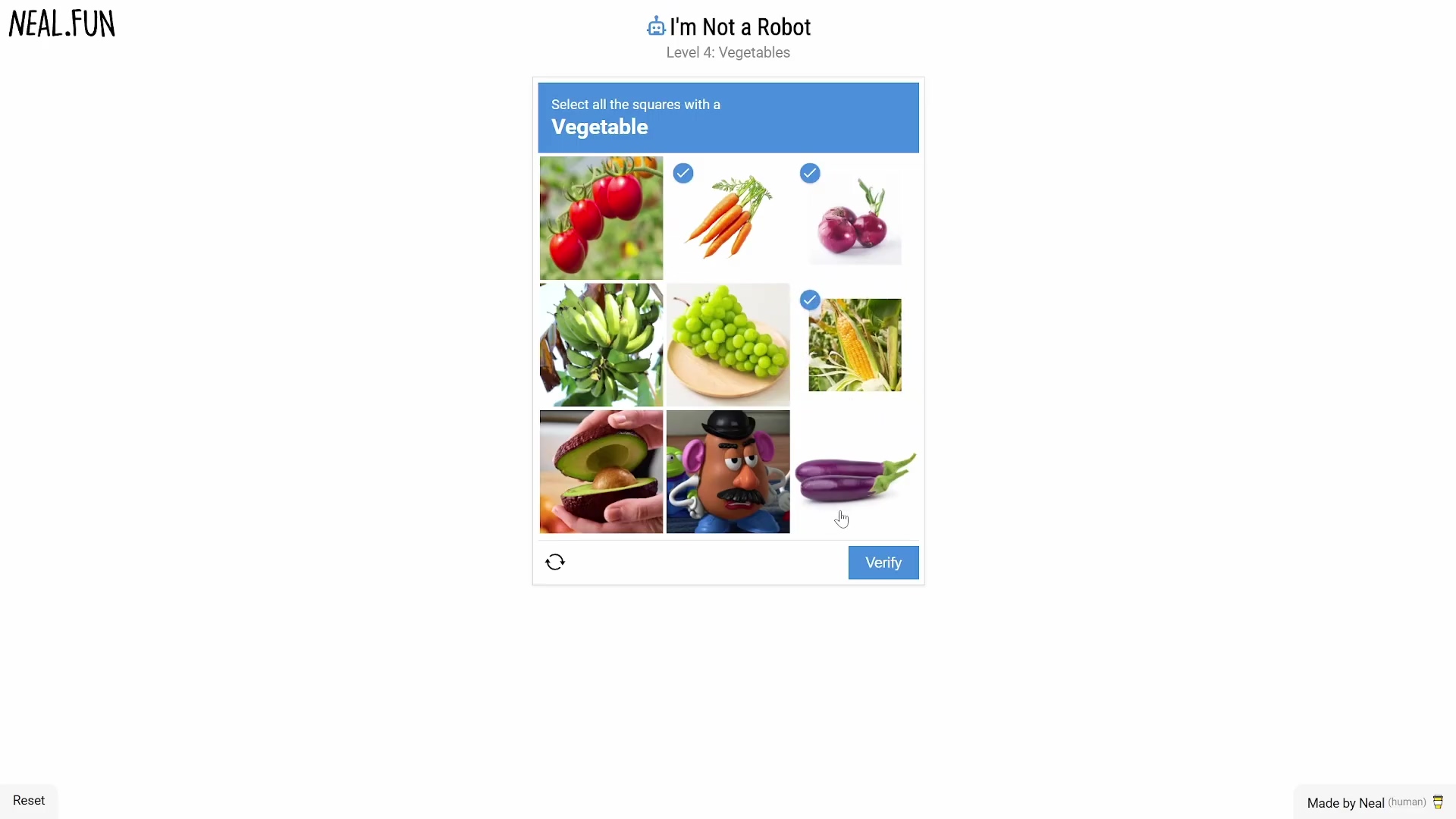 Level 4 vegetable captcha with correct selections