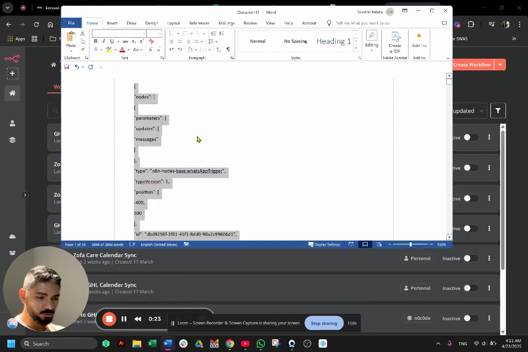 The image displays a Microsoft Word document open on the screen, showing a JSON code snippet. The Word document has a typical ribbon interface at the top with tabs like 'File', 'Home', 'Insert', 'Design', etc. The JSON code is partially visible, showing keys like 'nodes', 'parameters', 'updates', 'messages', 'type', 'n8nVersion', 'id', and 'position'. The n8n workflow overview interface is visible in the background, partially obscured by the Word document. A Loom video player overlay is at the bottom, showing '0:23' as the current timestamp. The presenter's face is in the bottom left corner.