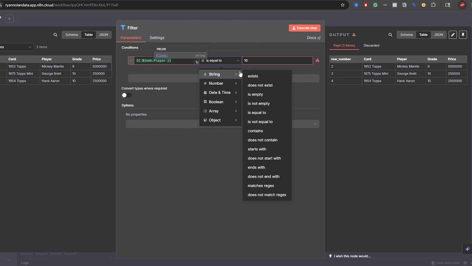 The image displays a software interface, likely a workflow automation tool, with a 'Filter' node selected. On the left, there's an input table with columns 'Card', 'Player', 'Grade', and 'Price', showing data for baseball cards. The 'Filter' node's configuration panel is open in the center, with tabs for 'Parameters', 'Settings', and 'Docs'. The 'Parameters' tab is active, showing a condition where 'Player' is being filtered. A dropdown menu is open, listing various comparison operators and data types such as 'Number', 'Date & Time', 'Boolean', 'Array', 'Object', 'String'. The selected condition is 'is equal to' with a value of '10'. On the right, an 'OUTPUT' section shows a filtered table with 'row_number', 'Card', 'Player', 'Grade', and 'Price' columns, indicating that 3 items were kept and 1 discarded. The overall theme is dark mode.