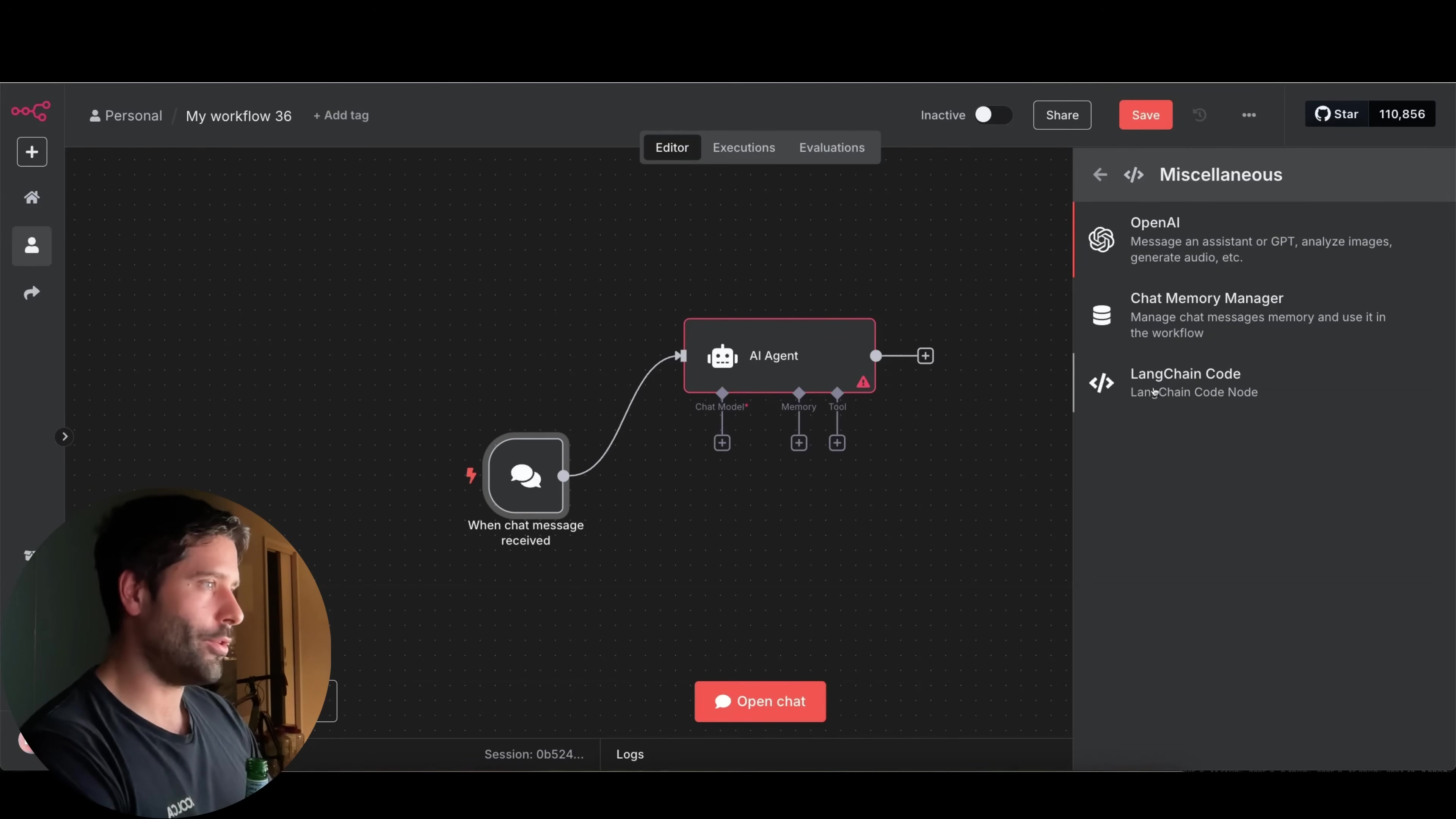 The image displays a software interface, likely a workflow or automation builder, with a man visible in the bottom left corner. The main panel shows a workflow with two connected nodes: 'When chat message received' and 'AI Agent'. The 'AI Agent' node has three input ports labeled 'Chat Model', 'Memory', and 'Tool'. On the right side, a sidebar labeled 'Miscellaneous' lists available nodes: 'OpenAI', 'Chat Memory Manager', and 'LangChain Code'. The 'LangChain Code' node is highlighted, indicating it's the focus. The top bar includes options like 'Personal', 'My workflow 36', 'Add tag', 'Editor', 'Executions', 'Evaluations', 'Inactive', 'Share', 'Save', and a 'Star' icon with '110,856' next to it. A button at the bottom center says 'Open chat'.