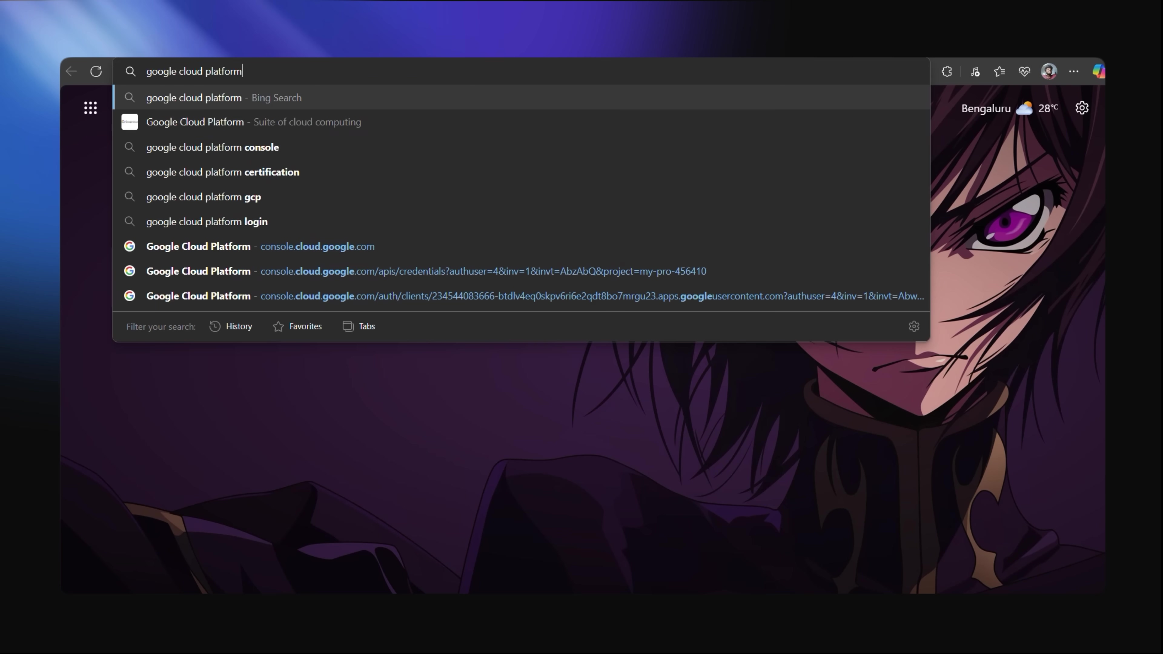 The image shows a web browser interface, likely Google Chrome, with a search bar prominently displayed in the center. The search bar contains the query "google cloud platform". Below the search bar, several search suggestions and recent search history entries are visible, including 'Google Cloud Platform - Suite of cloud computing', 'Google Cloud Platform console', and various URLs related to console.cloud.google.com. The browser window is set against a dark background featuring an anime character with purple eyes and dark hair. On the top right, a weather widget shows 'Bengaluru' and '28°'. The browser's top bar includes standard window controls (minimize, maximize, close) and browser-specific icons like a search icon, refresh button, and profile icon.