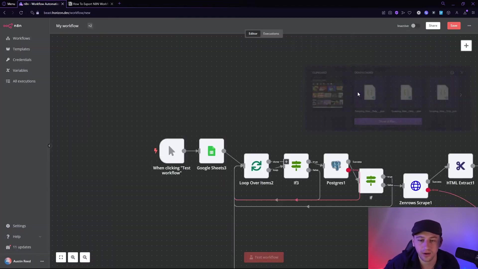 The image shows the n8n workflow automation interface, specifically the 'My workflow' tab. The main area displays a workflow diagram with several interconnected nodes, including 'When clicking Test workflow', 'Google Sheets3', 'Loop Over Items2', 'if2', 'Postgres1', 'if', 'Zenrows Scrape1', and 'HTML Extract1'. A file upload dialog is overlaid on the workflow, showing 'UPLOAD' and 'DOWNLOADS' sections with several file icons. The presenter is visible in the bottom right corner, looking at the screen. The interface includes navigation elements on the left sidebar and options like 'Inactive', 'Share', and 'Save' at the top right.
