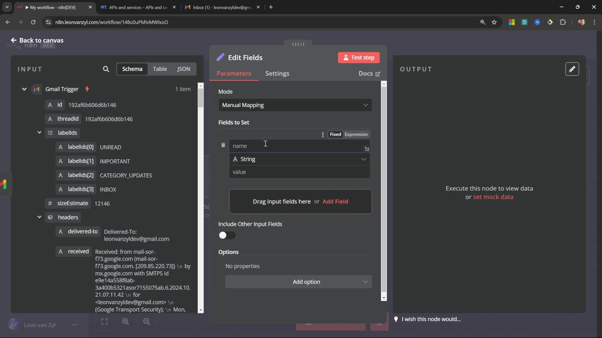 N8N 'Edit Fields' node for email context variable