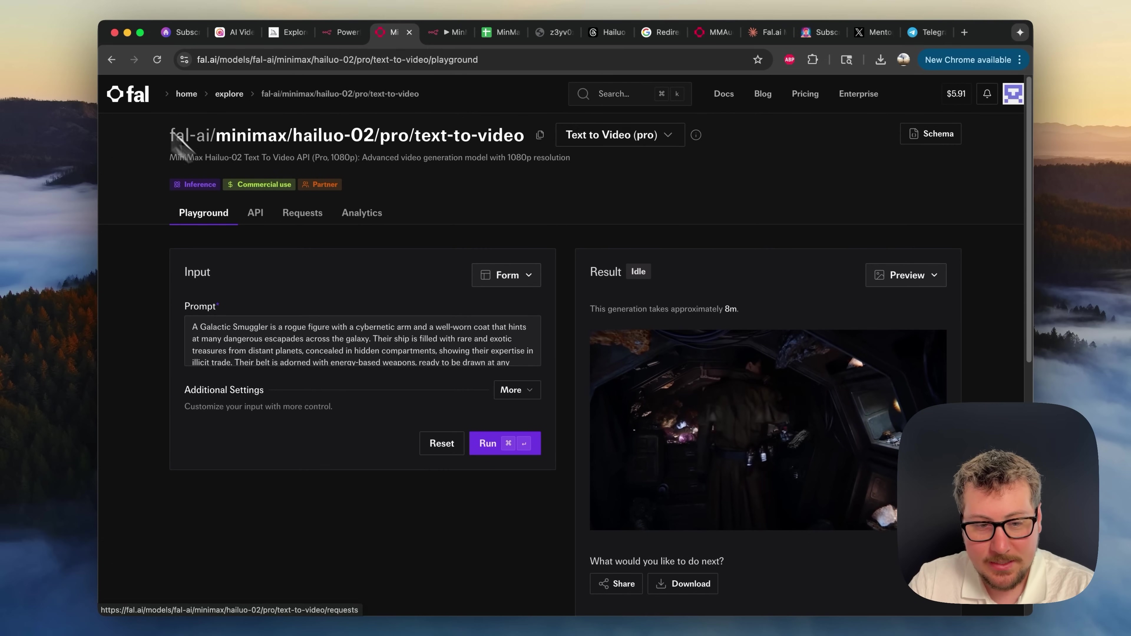 The image displays a dark-themed web interface for 'fal.ai/minimax/hailuo-02/pro/text-to-video' with a man's face visible in the bottom right corner. The interface shows a 'Playground' tab with 'Input' and 'Result' sections. The 'Input' section contains a text area with a detailed prompt about 'A Galactic Smuggler' and options for 'Additional Settings', 'Reset', and 'Run'. The 'Result' section shows 'Idle' status and a video preview area displaying what appears to be a spaceship interior. The top of the browser window shows multiple tabs open, including 'Subscribe', 'AI Videos', 'Explore', 'MiniMax', 'Hailuo', 'Reddit', 'MMAI', 'Fal.ai', 'Subscribe', 'Mentor', and 'Telegram'. A 'New Chrome available' notification is also visible. The background outside the browser window shows a blurred natural landscape with trees and mountains.