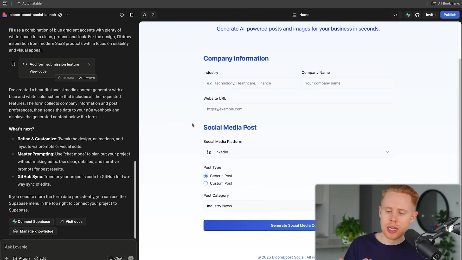 The image displays a software interface for 'Bloom Boost Social' with a form to generate AI-powered posts and images. The left sidebar shows project details and options like 'Connect Supabase' and 'Manage knowledge'. The main content area features sections for 'Company Information' with fields for Industry, Company Name, and Website URL, and 'Social Media Post' with a dropdown for 'Social Media Platform' (showing LinkedIn selected) and radio buttons for 'Post Type' (Generic Post, Custom Post) and 'Post Category' (Industry News). A red-haired man is visible in the bottom right corner, looking at the screen and talking. The interface has a clean, modern design with a dark background and light text fields.