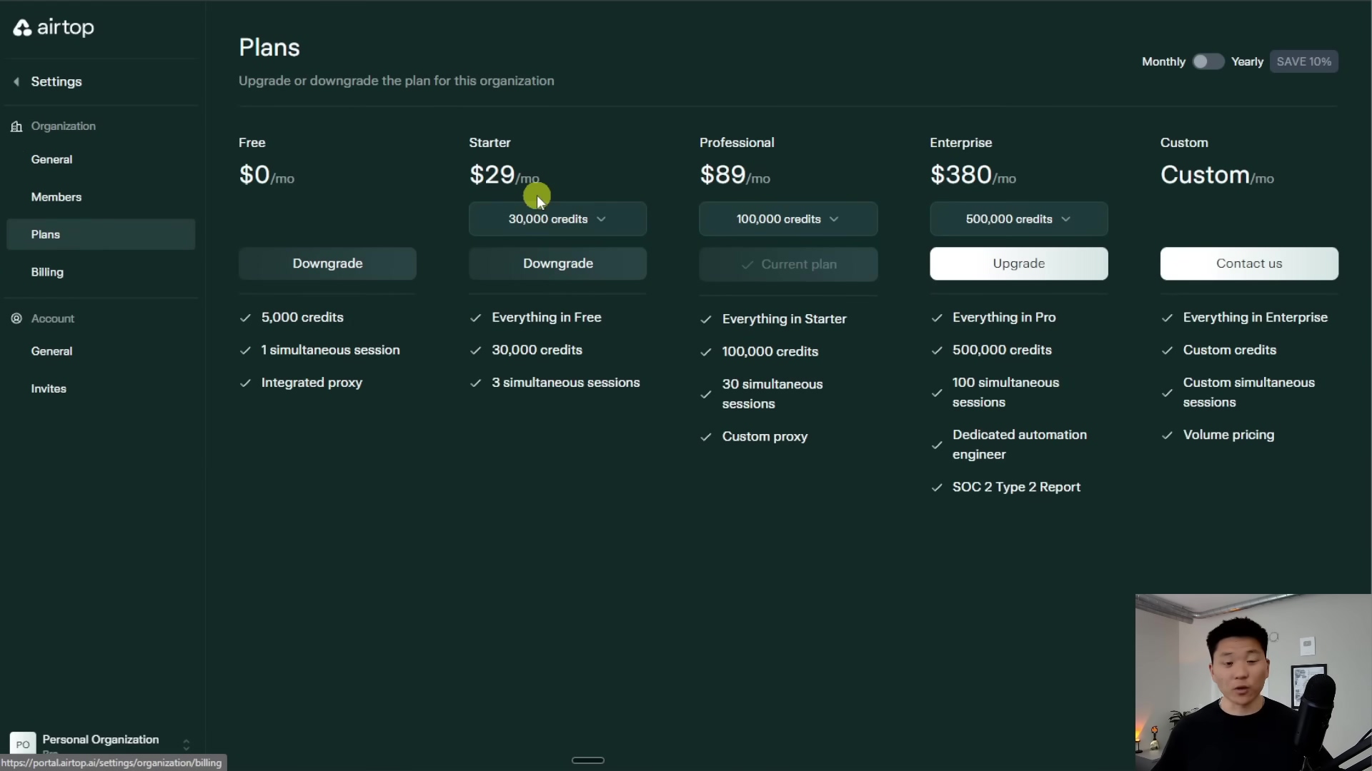 The image shows the Airtop 'Plans' pricing page within a web application interface. The main content area displays different subscription tiers: 'Free', 'Starter', 'Professional', 'Enterprise', and 'Custom'. Each tier lists its monthly price ('$0/mo', '$29/mo', '$89/mo', '$380/mo', 'Custom/mo') and credit allowance (5,000, 30,000, 100,000, 500,000 credits). The 'Starter' plan is highlighted with a 'Save 10%' badge for annual billing. Features are listed below each plan, with checkmarks indicating inclusion. A 'Current plan' badge is visible under 'Professional'. On the left, a navigation sidebar shows 'Settings' with sub-items like 'Organization', 'General', 'Members', 'Plans', and 'Billing'.