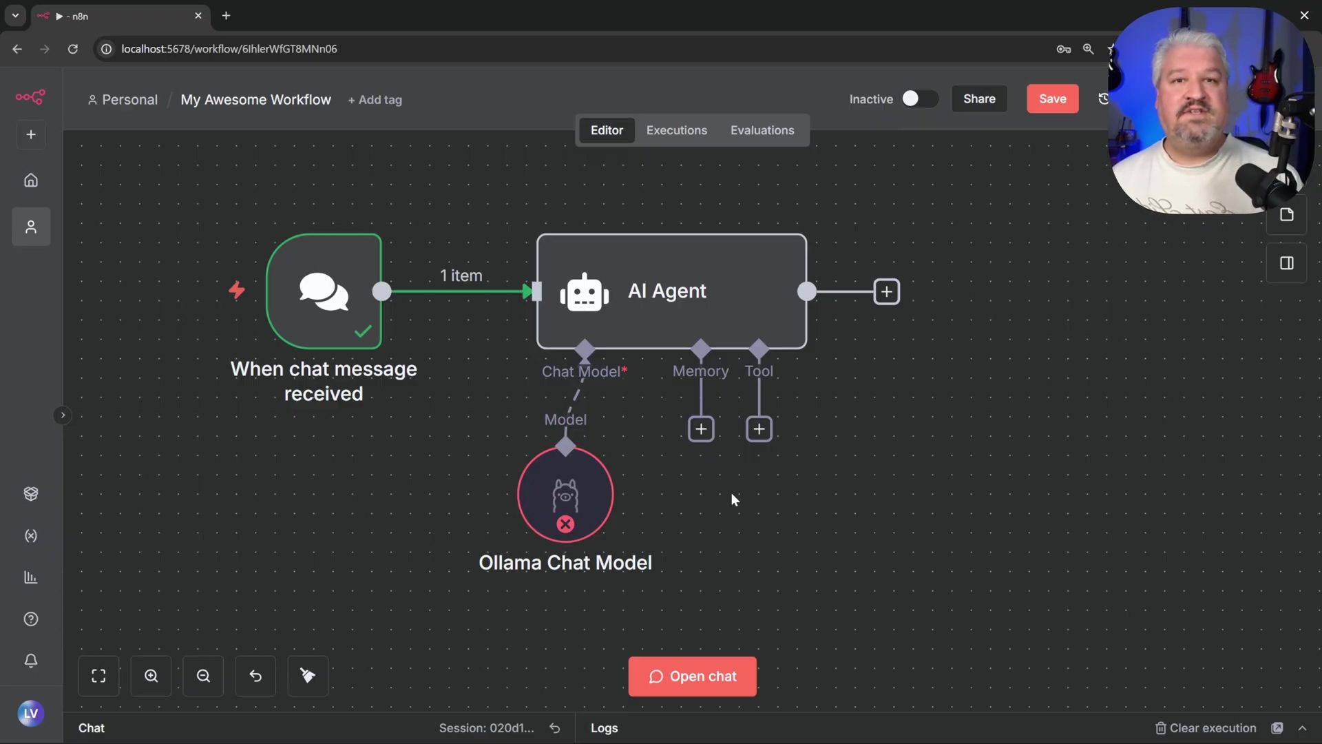 n8n workflow showing 'Ollama Chat Model' connected to 'AI Ag