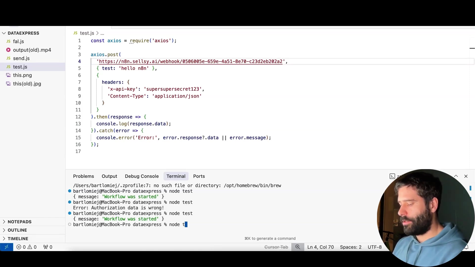 The image displays a code editor interface, likely Visual Studio Code, showing a JavaScript file named 'test.js'. The code snippet includes an 'axios.post' request to a URL, with headers for 'x-api-key' and 'Content-Type'. Below the code editor, a terminal window shows command-line output indicating a 'Workflow was started' message, but also an 'Error: Authorization data is wrong!' message. A man with a beard is visible in the bottom right corner of the screen, looking towards the left. The overall theme of the editor is dark.