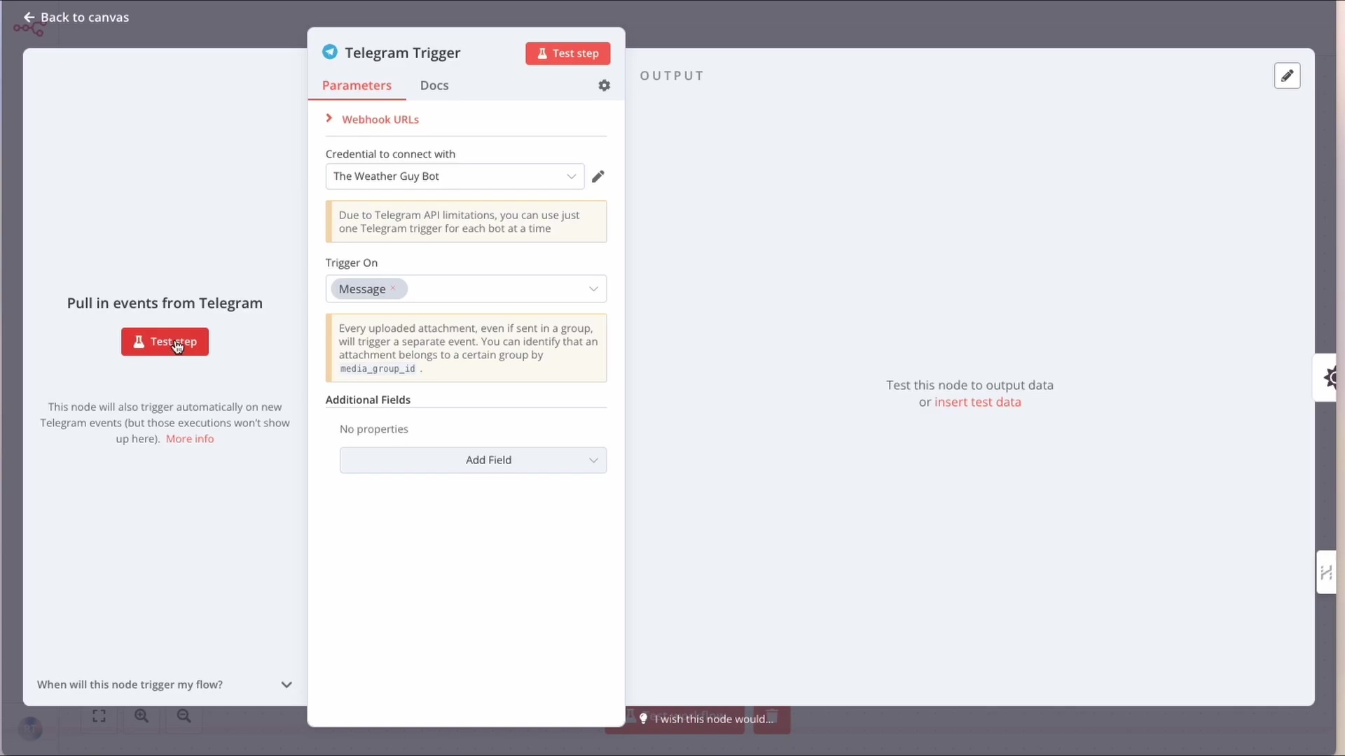 The image displays a software interface, likely n8n, with a 'Telegram Trigger' node configuration panel open. The panel is divided into 'Parameters' and 'Docs' tabs, with 'Parameters' currently selected. Key fields include 'Webhook URLs', 'Credential to connect with' (showing 'The Weather Guy Bot' selected), 'Trigger On' (set to 'Message'), and 'Additional Fields'. A warning message about Telegram API limitations is visible. To the left, a section titled 'Pull in events from Telegram' contains a 'Test step' button. The right side of the screen shows an 'OUTPUT' section with placeholder text 'Test this node to output data or insert test data'.