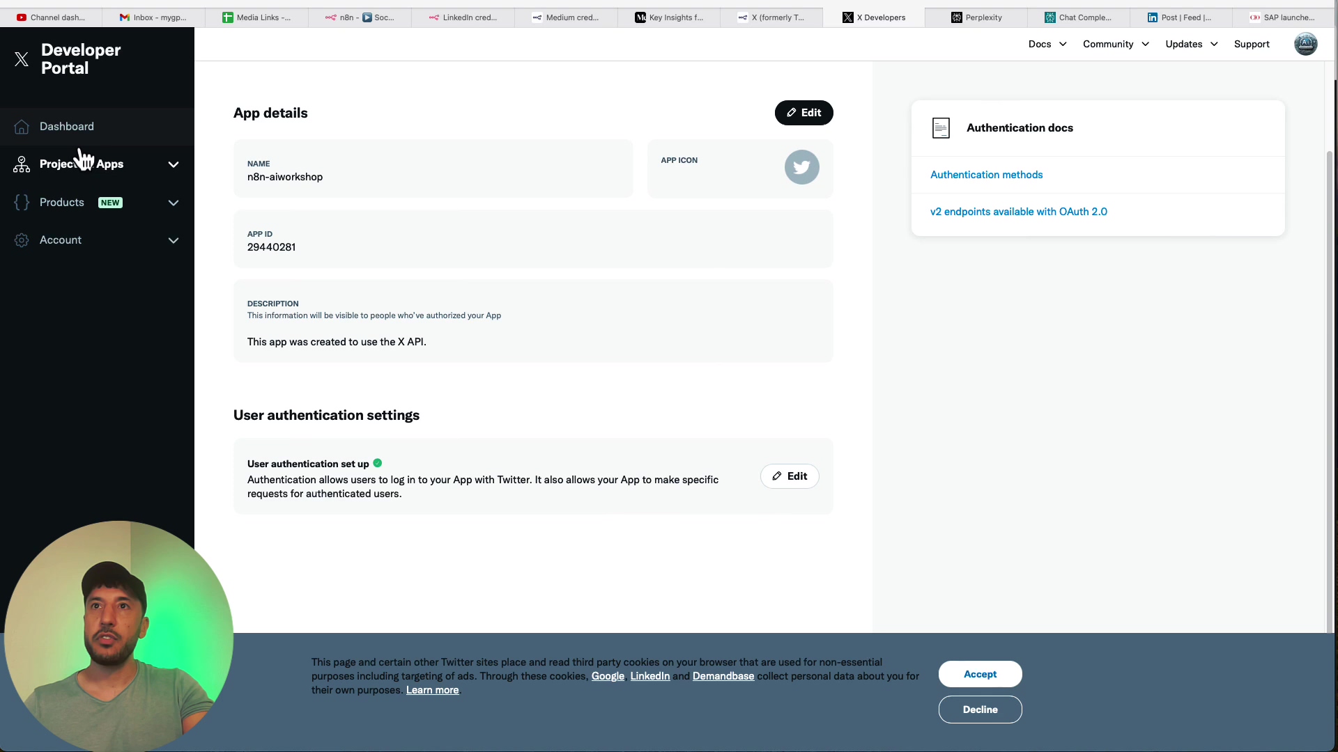 The image displays the 'Developer Portal' interface, specifically the 'App details' section for an application named 'n8n-aiworkshop'. The left sidebar shows navigation options: 'Dashboard', 'Project Apps', 'Products', and 'Account'. The main content area details the app with its name, icon (Twitter bird), and App ID '29440281'. A description states, 'This information will be visible to people who've authorized your App.' Below this, 'User authentication settings' are shown with a green checkmark indicating 'User authentication set up'. A note explains, 'Authentication allows users to log in to your App with Twitter. It also allows your App to make specific requests for authenticated users.' An 'Edit' button is next to this. On the right, 'Authentication docs' are listed with 'Authentication methods' and 'v2 endpoints available with OAuth 2.0'. At the bottom of the screen, a disclaimer about Twitter's terms and conditions is visible, with 'Accept' and 'Decline' buttons.