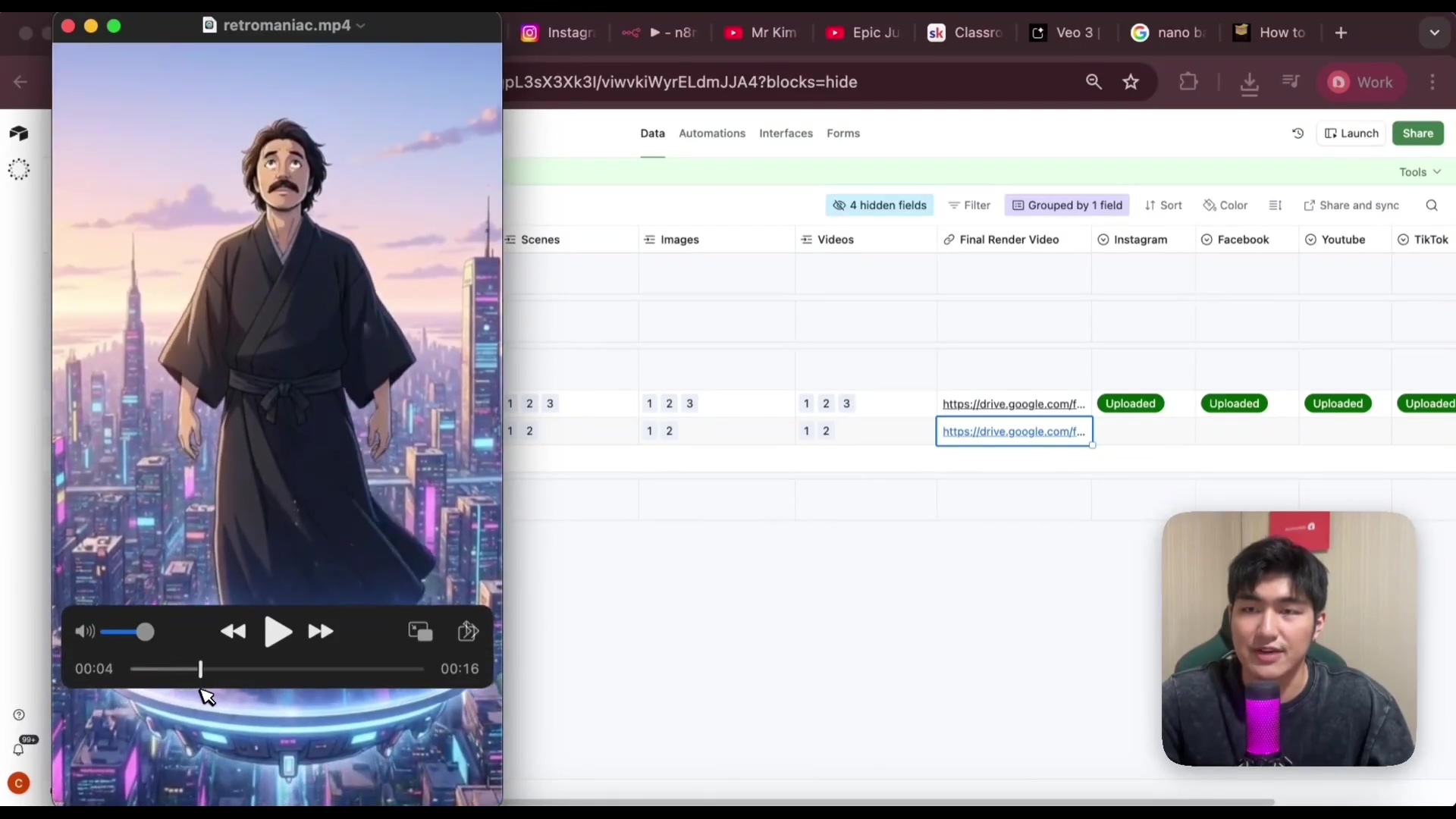 The image displays a split screen. On the left, a video player shows an animated character with a mustache, wearing a dark kimono, standing on a glowing platform in a futuristic city. The video player controls are visible at the bottom, showing a timestamp of 00:04/00:16. On the right, a web interface, likely Airtable, is open, displaying a table with columns such as 'Scenes', 'Images', 'Videos', 'Final Render Video', 'Instagram', 'Facebook', 'Youtube', and 'TikTok'. Some cells under 'Final Render Video' contain 'https://drive.google.com/...' links, and cells under 'Instagram', 'Facebook', 'Youtube', and 'TikTok' are marked 'Uploaded'. A man is visible in a small video overlay in the bottom right corner, speaking into a microphone.