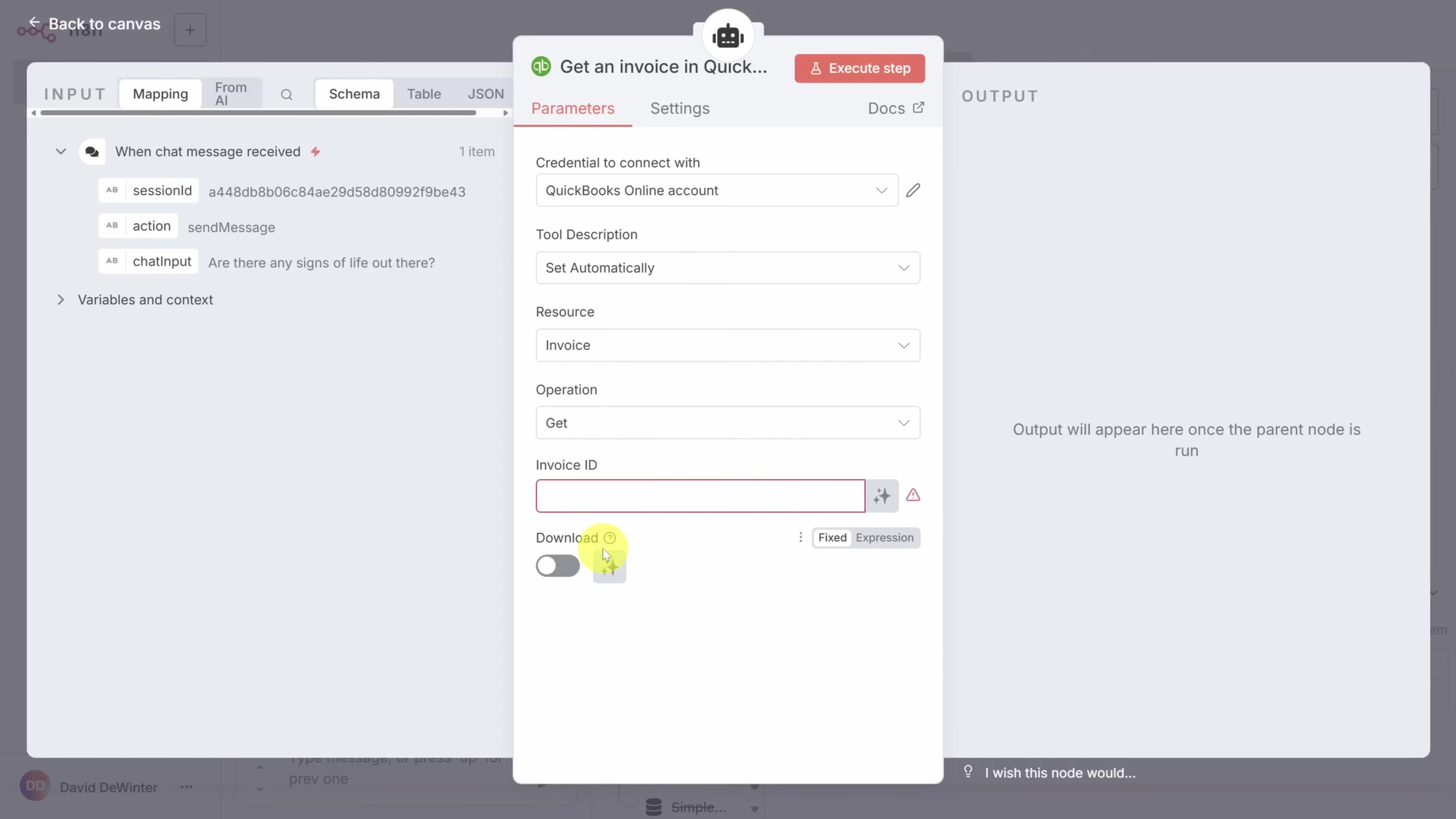 The image displays a split-screen view of the n8n interface, focusing on configuring a 'Get an Invoice in QuickBooks' node. On the left, there's an 'INPUT' panel showing 'When chat message received' with 'sessionid' and 'action sendMessage' details, along with 'chatinput' asking 'Are there any signs of life out there?'. On the right, a modal window titled 'Get an Invoice in Quick...' is open, displaying 'Parameters', 'Settings', and 'Docs' tabs. The 'Parameters' tab is active, showing fields like 'Credential to connect with' (set to 'QuickBooks Online account'), 'Tool Description' (set to 'Set Automatically'), 'Resource' (set to 'Invoice'), 'Operation' (set to 'Get'), and 'Invoice ID' with an empty input field. Below the Invoice ID, there's a 'Download' toggle switch and a 'Fixed Expression' button. An 'Execute step' button is visible at the top right of the modal. The background shows a workflow canvas with various interconnected nodes, partially visible.