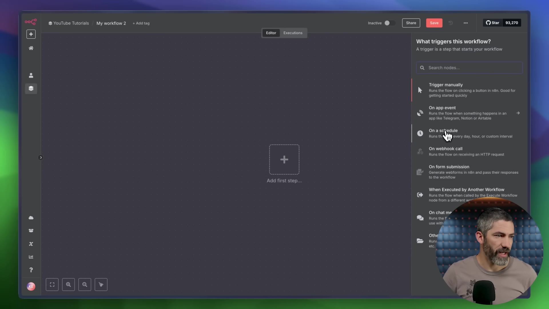 The image shows a screen capture of the n8n workflow editor interface. On the left, there's a sidebar with icons for home, workflows, credentials, and more. The main central area displays a blank canvas with a large plus icon and the text 'Add first step...', indicating where a workflow can be initiated. On the right, a panel titled 'What triggers this workflow?' lists various trigger options for a workflow, including 'Trigger manually', 'On app event', 'On a schedule', 'On webhook call', 'On form submission', 'When Executed by Another Workflow', and 'On chat message'. A search bar is at the top of this panel. A person is visible in the bottom right corner of the screen, looking at the interface.