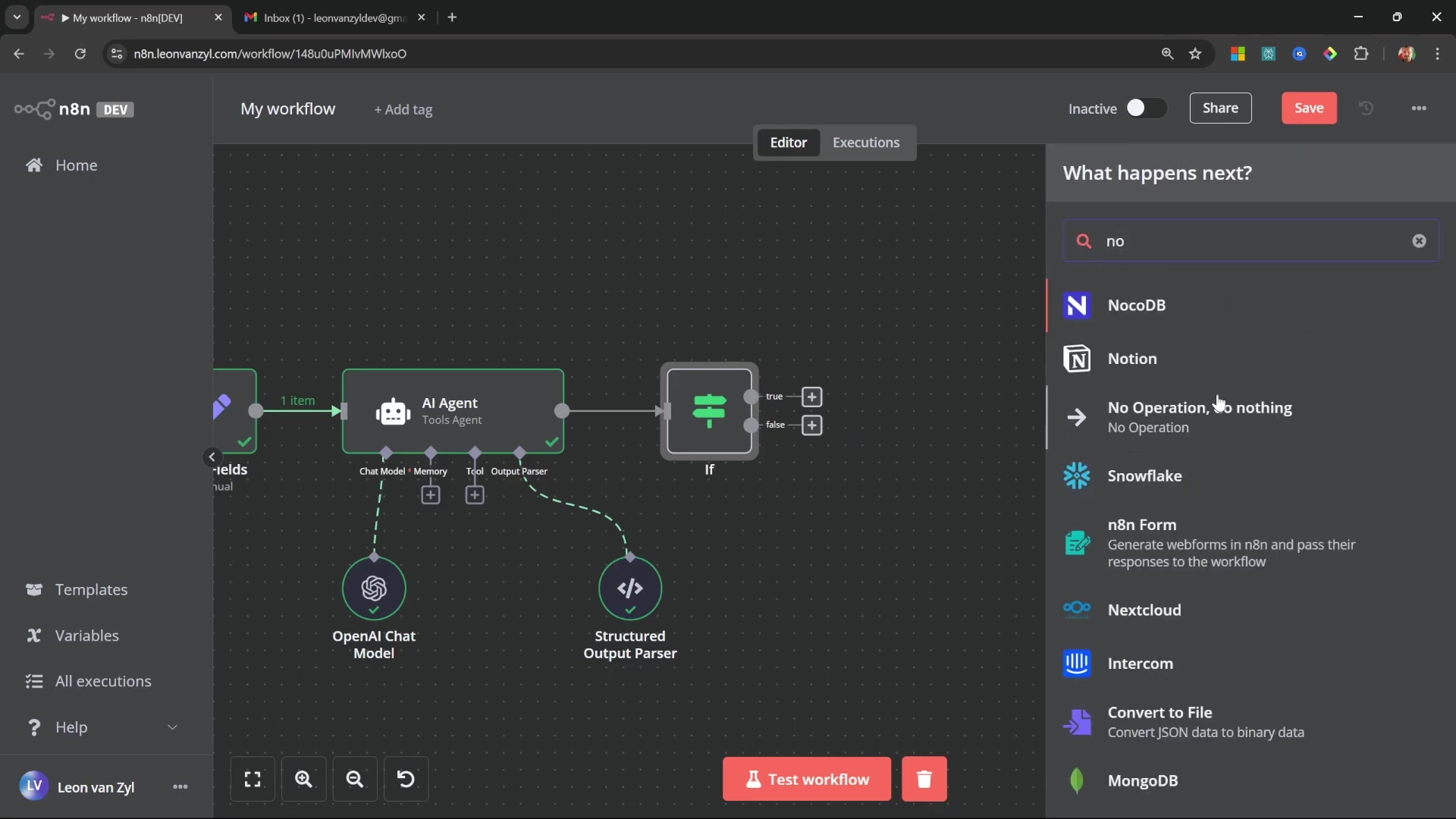 N8N workflow editor selecting 'No Operation' node