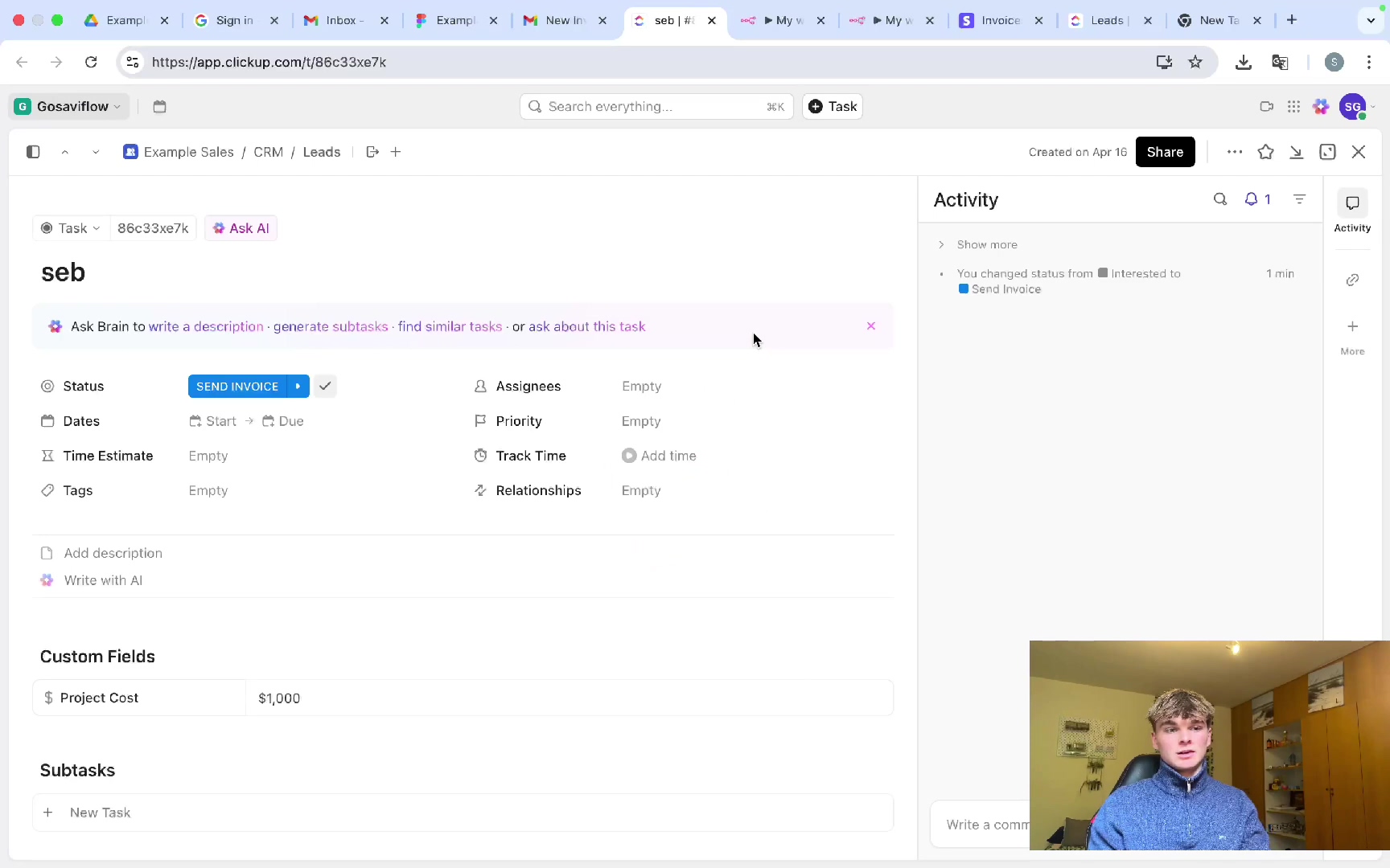 ClickUp task details for 'seb' with 'SEND INVOICE' status