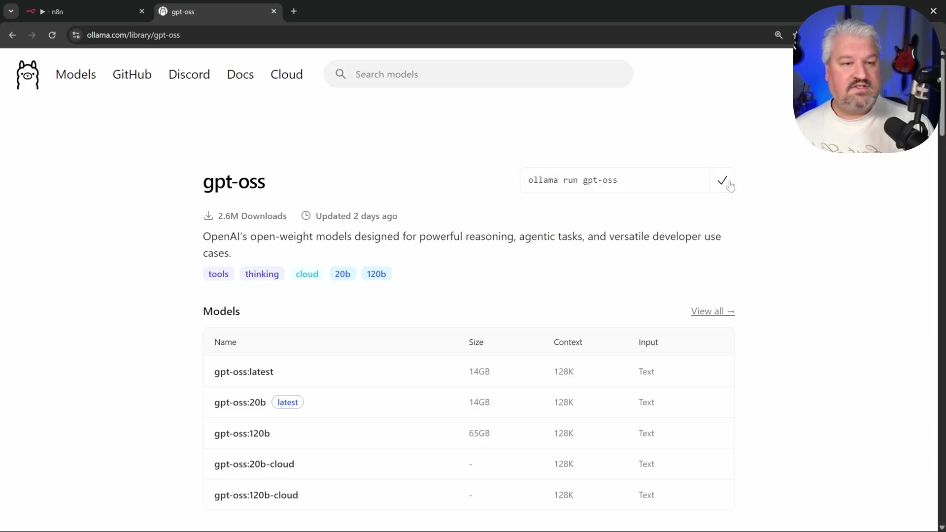 Ollama website showing details for the 'gpt-oss' model