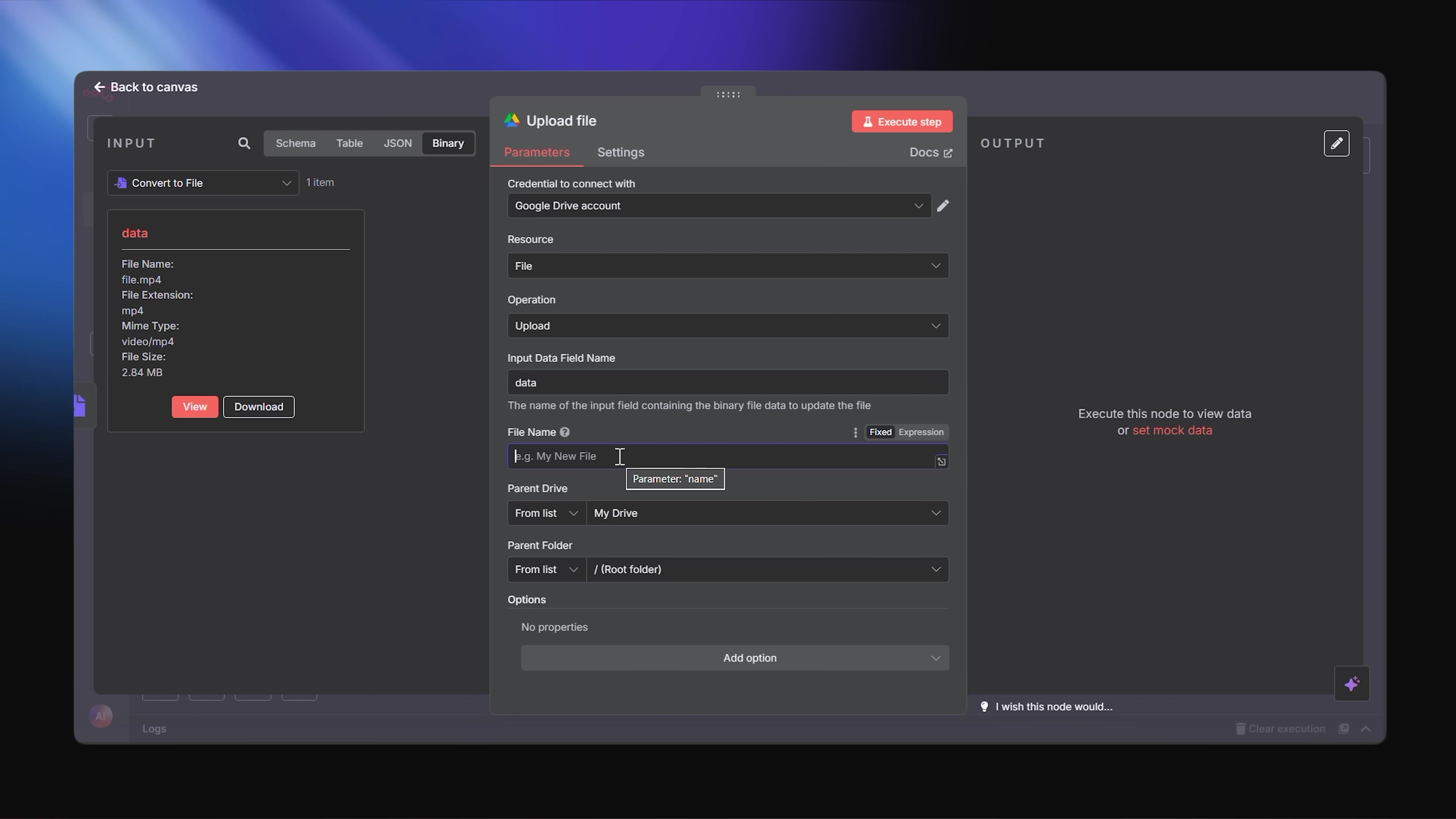 The image shows a software interface, likely an automation tool like n8n, with a modal window titled 'Upload file'. The main interface has a 'Back to canvas' button at the top left and a 'Convert to File' node on the left panel, displaying file details such as 'File Name: file.mp4', 'File Extension: mp4', 'Mime Type: video/mp4', and 'File Size: 2.84 MB', with 'View' and 'Download' buttons. The 'Upload file' modal has tabs for 'Parameters', 'Settings', and 'Docs'. Under 'Parameters', fields for 'Credential to connect with Google Drive account', 'Resource', 'Operation', and 'Input Data Field Name' are visible. A 'File Name' input field is present with 'My New File' as a placeholder and 'Fixed' and 'Expression' toggles. Below this, 'Parent Drive' is set to 'My Drive', and 'Parent Folder' is set to '/ (Root folder)'. An 'Add option' button is at the bottom of the modal. A red 'Execute step' button is at the top right of the modal.