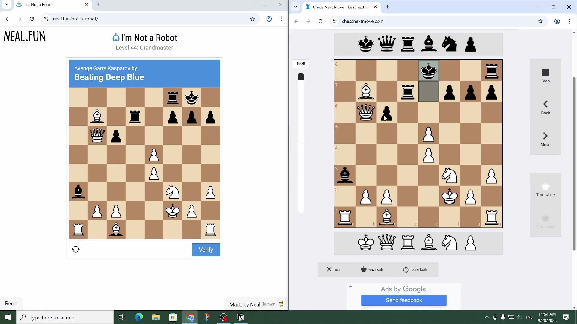 Split-screen view of game and solver in mid-game progression
