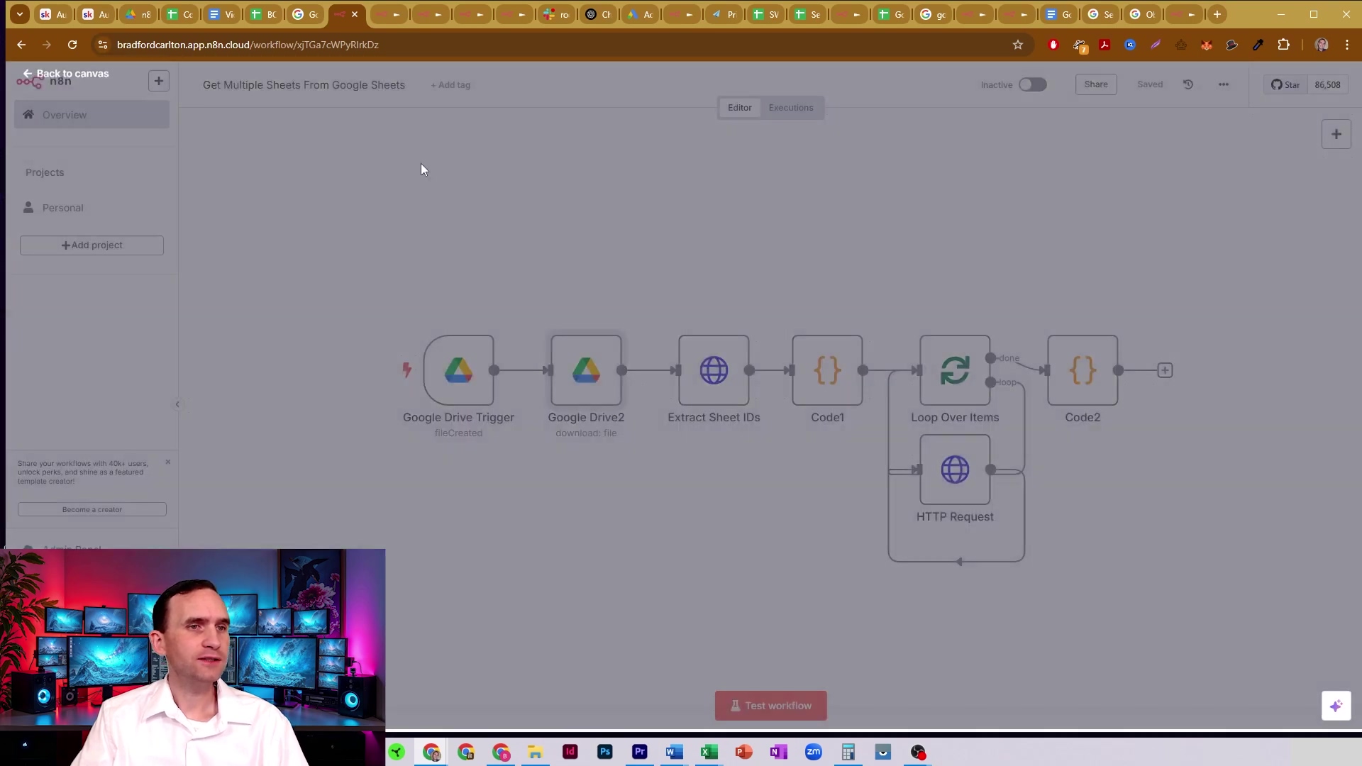 The image displays an n8n workflow interface, showing a sequence of connected nodes. The workflow starts with a 'Google Drive Trigger' node, followed by 'Google Drive2 (downloads file)', 'Extract Sheet IDs', 'Code1', 'Loop Over Items', and 'Code2'. Below the 'Loop Over Items' node, there's an 'HTTP Request' node. The top of the screen shows browser tabs and the n8n application header with options like 'Editor', 'Executions', 'Share', 'Saved', and a 'Star' button with '86,508'. A man is visible in the bottom left corner, looking towards the screen. The overall color scheme is dark gray and white for the interface elements, with colorful icons for the nodes.