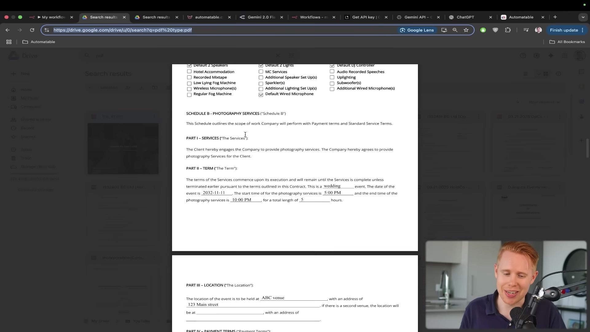 The image shows a Google Drive interface displaying a PDF document titled 'SCHEDULE B - PHOTOGRAPHY SERVICES ('Schedule B')'. The document contains contract details, including sections for 'PART I - SERVICES ('The Services')' and 'PART III - LOCATION ('The Location')'. Specific details like '2023-11-11', '5:00 PM', and '10:00 PM' are visible, along with a mention of '123 Main street'. A man with short red hair and a black t-shirt is visible in the bottom right corner, looking at the screen. Overlaid on the document is a pop-up window with checkboxes for various event services, such as 'Default 2 speakers', 'Default 2 lights', 'Default DJ Controller', 'Hotel Accommodation', 'Recorded Mixtape', 'Live (Fog) Machine', 'Additional Microphone(s)', 'Regular Fog Machine', 'Additional Speaker Set Up(s)', 'Spotlight(s)', 'Additional Lighting Set Up(s)', 'Default Wired Microphone', 'Audio Recorded Speeches', 'Uplighting', 'Subwoofer(s)', and 'Additional Wired Microphone(s)'.