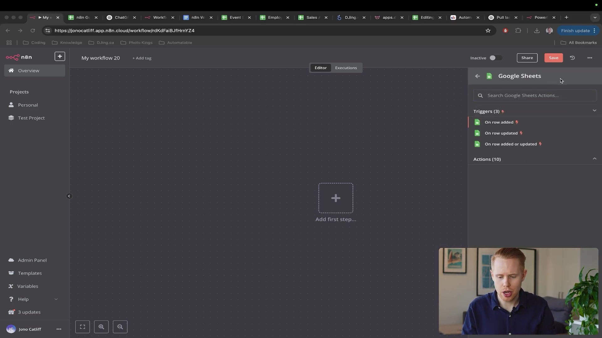 n8n interface with Google Sheets trigger options