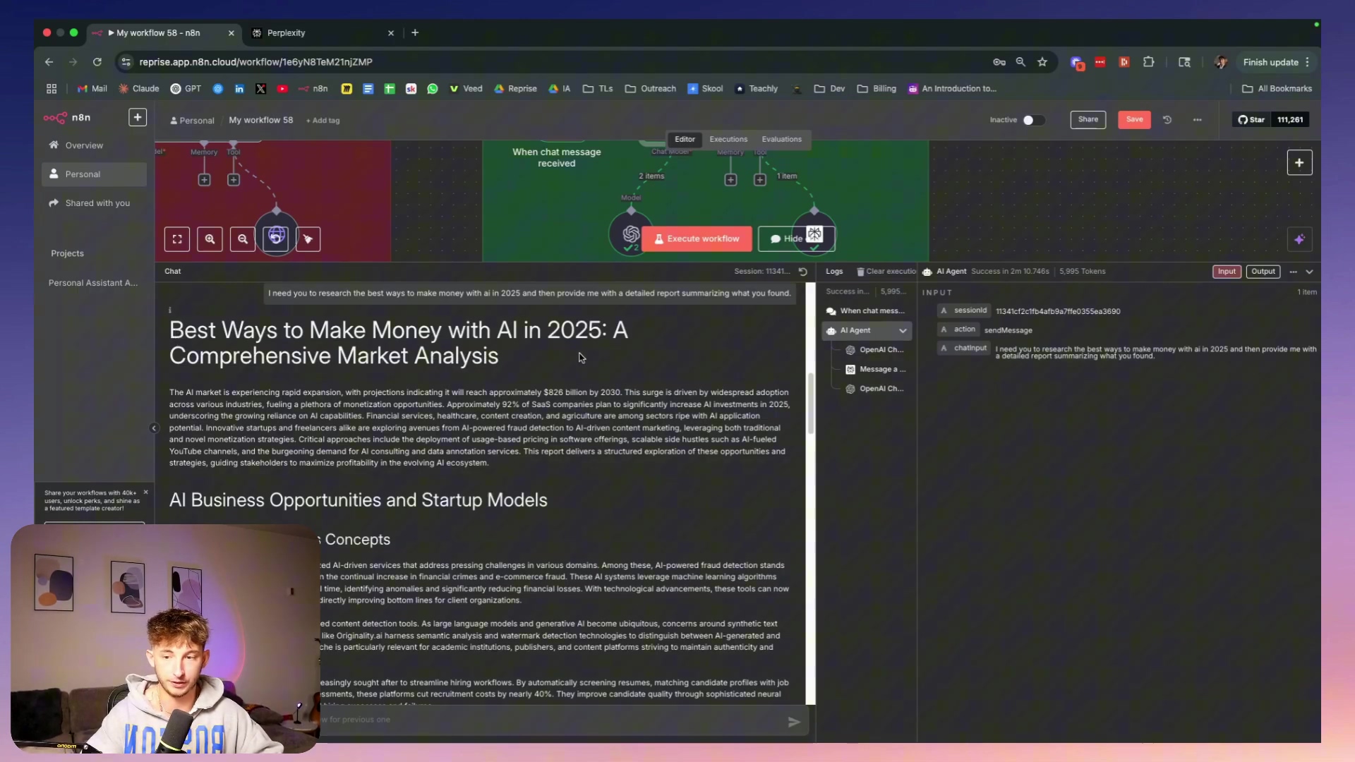 The image displays the n8n workflow interface showing the results of a query. The main content area shows a large text block titled 'Best Ways to Make Money with AI in 2025: A Comprehensive Market Analysis', followed by detailed paragraphs and a section titled 'AI Business Opportunities and Startup Models'. On the right side, there's a panel with 'AI Agent' and 'INPUT' and 'OUTPUT' sections, displaying information about the session, tokens, and a chat history. The chat history shows a query: 'I need you to research the best ways to make money with AI in 2025 and then provide me with a detailed report summarizing what you found.' The overall interface includes navigation elements like 'Overview', 'Personal', 'Shared with you', and 'Projects' on the left sidebar.
