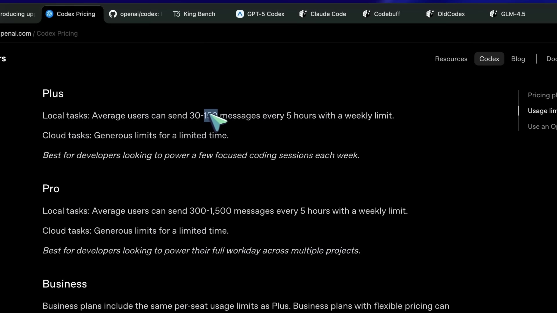 The image shows a screen capture of a webpage displaying pricing information for 'Codex'. The webpage has a dark theme and features a navigation bar at the top with links like 'openai/codex', 'King Bench', 'GPT-5 Codex', 'Claude Code', 'Codebuff', and 'OldCodex'. The main content of the page details the usage limits for different subscription plans: 'Plus', 'Pro', and 'Business'. For the 'Plus' plan, it states that average users can send 30-150 messages every 5 hours with a weekly limit. The 'Pro' plan allows 300-1,500 messages every 5 hours with a weekly limit. The 'Business' plan includes the same per-seat usage limits as Plus, with flexible pricing options.