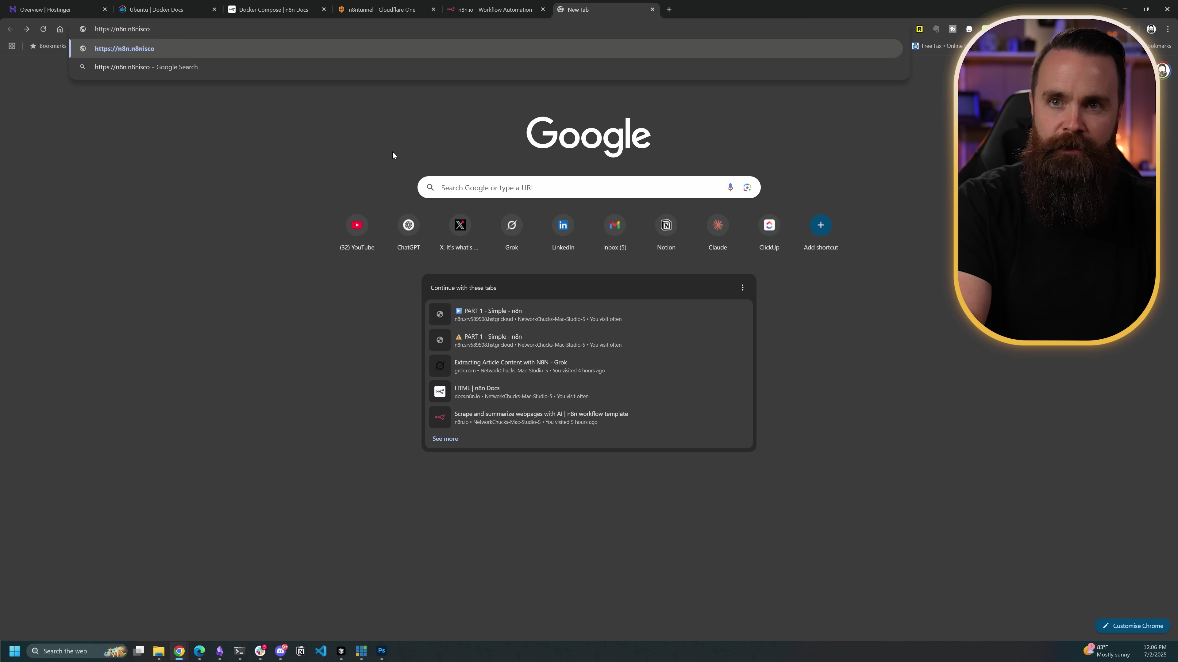 The image displays a Google Chrome browser window, with the Google search page open. The address bar shows 'https://n8n.networkchuck.co' partially typed, suggesting a URL is being entered or searched. Below the search bar, there are 'Continue with these tabs' suggestions, showing previously accessed n8n-related links from 'networkchuck.co'. A man with a beard is visible in a circular overlay in the top right corner, looking towards the left side of the screen. The bottom of the screen shows a taskbar with various application icons and system information like time and date.