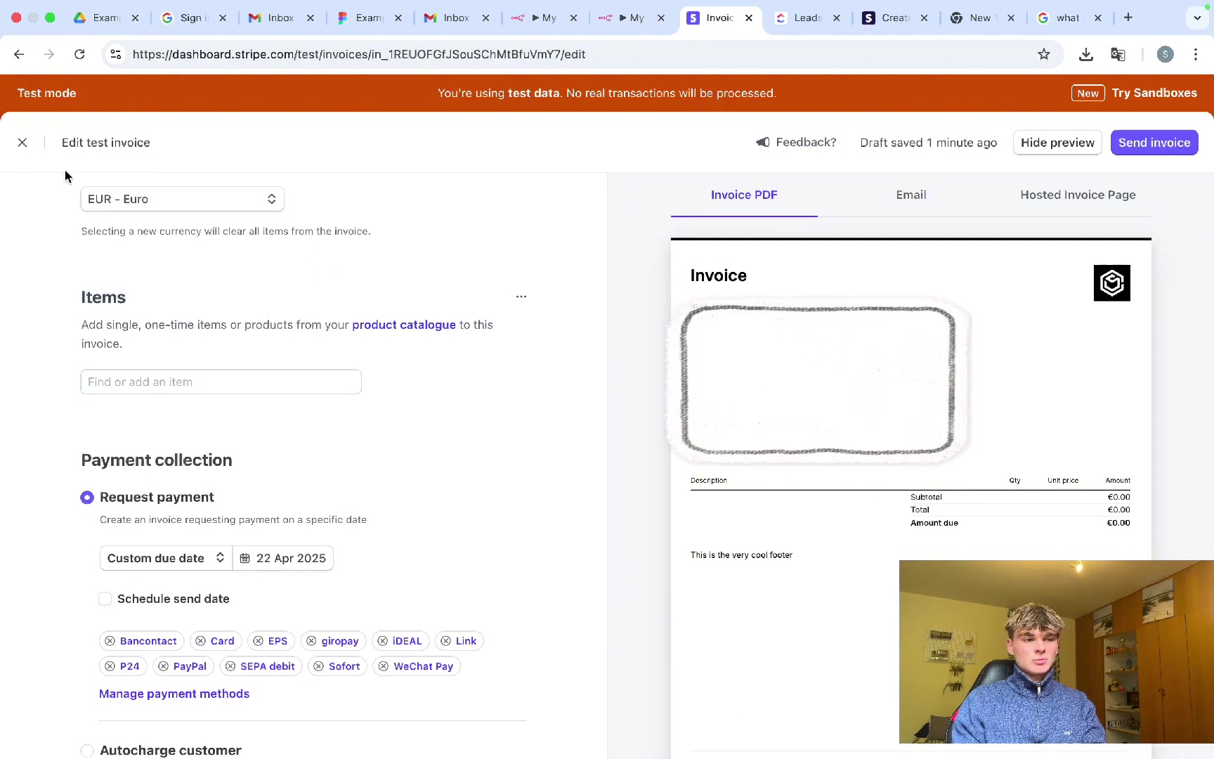 Stripe invoice editing interface in test mode