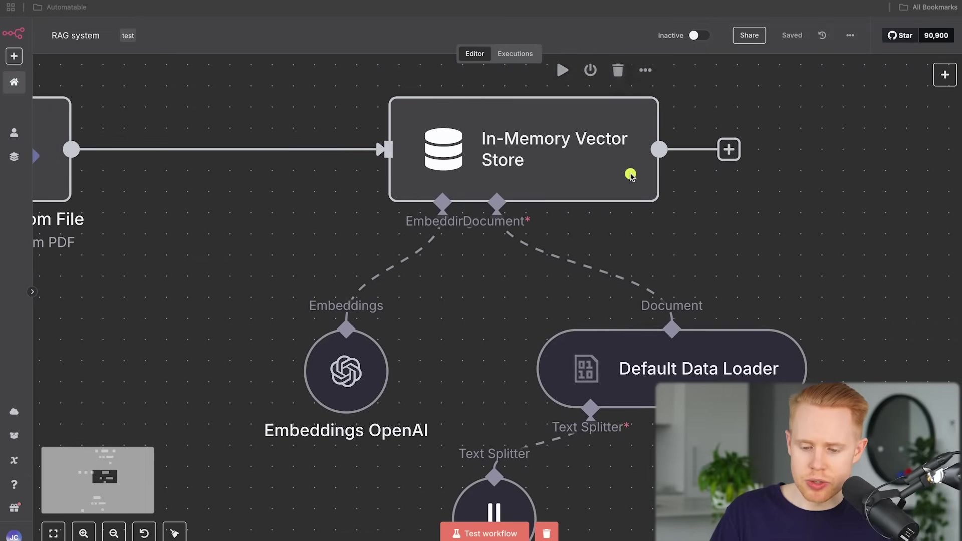 The image shows a dark-themed n8n workflow interface, focusing on a 'RAG system' with several interconnected nodes. The main flow includes an 'In-Memory Vector Store' node, which receives input from a 'From File' node (partially visible) and outputs 'EmbeddirDocument'. Below, 'Embeddings OpenAI' and 'Default Data Loader' nodes are connected to the 'In-Memory Vector Store', with 'Embeddings' and 'Document' labels on their connecting lines. A 'Text Splitter' node is also visible, connected to the 'Default Data Loader'. A male presenter with red hair is visible in the bottom right corner, looking towards the workflow. The top bar shows 'RAG system', 'test', 'Automatable', 'Editor', 'Executions', 'Star 90,900'. A 'Test workflow' button is at the bottom center.