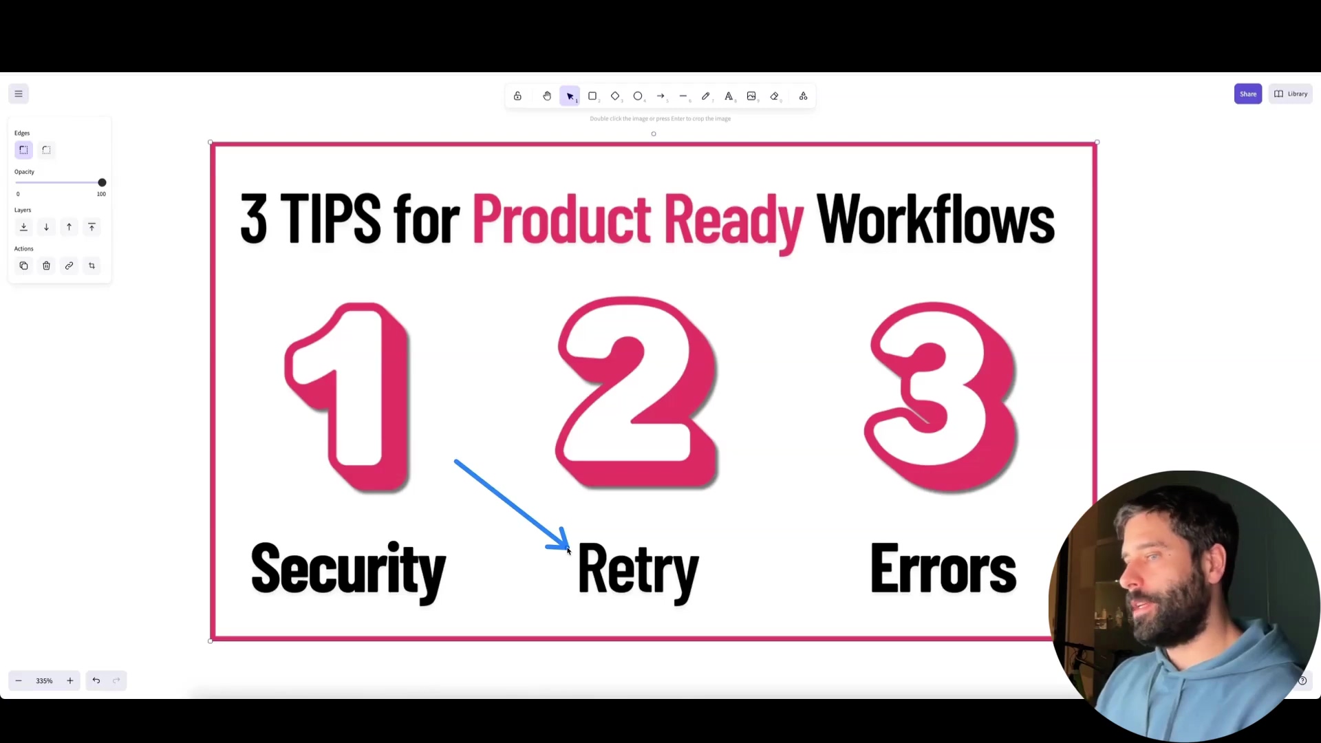 The image displays a slide with a title "3 TIPS for Product Ready Workflows" in large black font. Below the title, three large, pink, stylized numbers "1", "2", and "3" are prominently featured. Underneath each number, corresponding keywords are written in black: "Security" under "1", "Retry" under "2", and "Errors" under "3". A blue arrow points from the bottom of the number "2" towards the word "Retry". The slide is set against a white background, and a man with a beard is visible on the right side of the frame, looking towards the slide. The slide appears to be part of a presentation or a visual aid within a software interface, indicated by UI elements on the left and top of the screen, including an 'Edges' slider and 'Layers' panel.