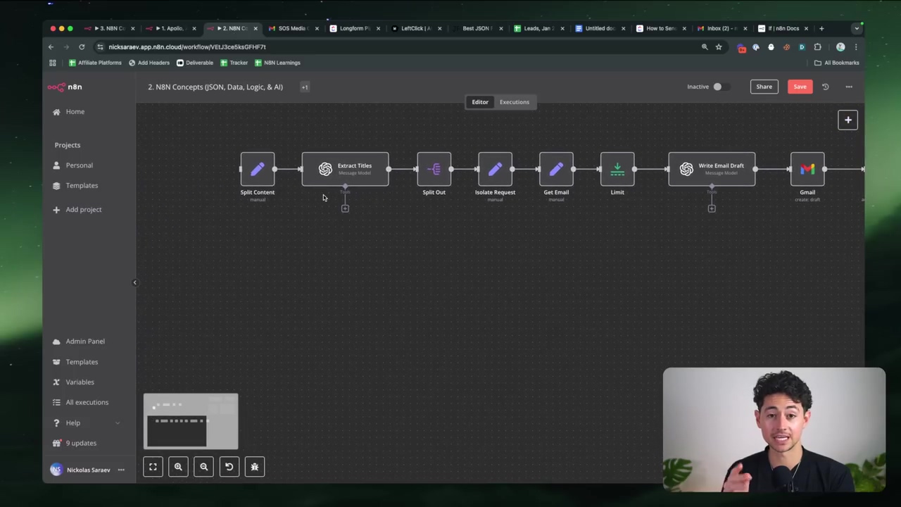 The image displays the n8n workflow editor interface on a dark background. A series of connected nodes are arranged horizontally across the screen, representing a workflow. The nodes include 'Split Content', 'Extract Titles', 'Split Out', 'Isolate Request', 'Get Email', 'Limit', 'Write Email Draft', and 'Gmail'. Each node has an icon and a label indicating its function. The 'Extract Titles' node is highlighted, suggesting it's the current focus. In the bottom right corner, a man with dark curly hair and a dark shirt is visible, speaking to the camera. The top of the screen shows browser tabs and navigation elements, including the n8n application URL. A sidebar on the left shows 'Projects', 'Admin Panel', 'Templates', and 'Variables'.
