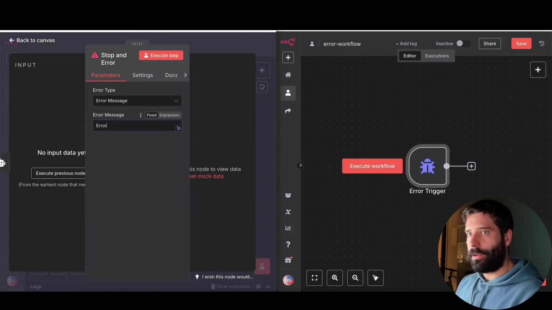 The image shows the n8n interface focusing on the 'Stop and Error' node configuration and a simplified workflow. On the left, a panel displays the settings for a 'Stop and Error' node. It has tabs for 'Parameters', 'Settings', and 'Docs'. Under 'Parameters', 'Error Type' and 'Error Message' fields are visible, with 'Fixed Expression' selected for 'Error Message' and an empty input field labeled 'Error'. The main workflow canvas on the right is simplified, showing only an 'Execute workflow' button and an 'Error Trigger' node. The top bar includes 'error-workflow', 'Inactive', 'Share', and 'Save' options. A man with a beard is visible in the bottom right corner, looking at the screen.