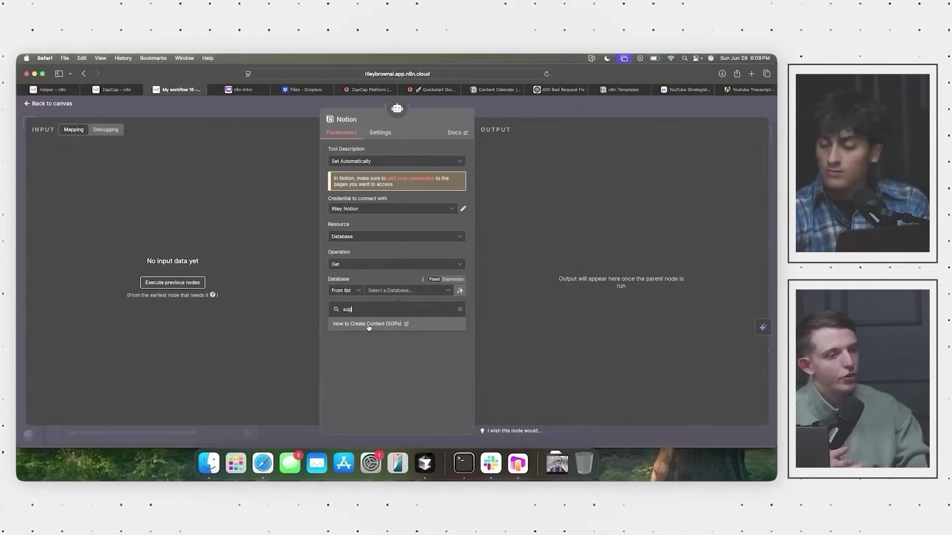 The image displays a computer screen showing the n8n interface, specifically a 'Notion' node configuration. The screen is split into sections, with the main n8n workflow editor in the center. On the left, there's a sidebar with 'INPUT', 'Mapping' tabs. The Notion node's 'Parameters' tab is active, showing fields like 'Tool Description', 'Credential to connect with', 'Resource', 'Database', 'Operation', 'From list', and a search bar. The search bar contains the text 'How to Create Content (SGPI)'. On the right, a 'OUTPUT' section is visible. In the top right corner of the overall screen, system information like 'Sun Jun 23 6:09 PM' is displayed. Two individuals, presumably the video hosts, are visible in smaller frames on the right side of the screen, one above the other, observing the interface.