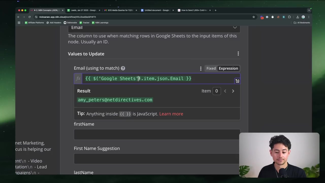 The image shows a screen capture of the n8n workflow automation platform. A male presenter is visible in the bottom right corner of the screen. The main focus is on a configuration panel for an 'Email' field, which is part of a 'Values to Update' section. The field is set to 'Expression' mode, displaying {{ $('Google Sheets').item.json.Email }}. Below this, a 'Result' section shows 'amy_peters@netdirectives.com' as an example output. There are also fields for 'firstName' and 'First Name Suggestion' further down the panel. The top of the screen shows browser tabs, including 'N8N Concepts | JSON', 'Leads, Jan 27 2020 - Google Sheets', and others.
