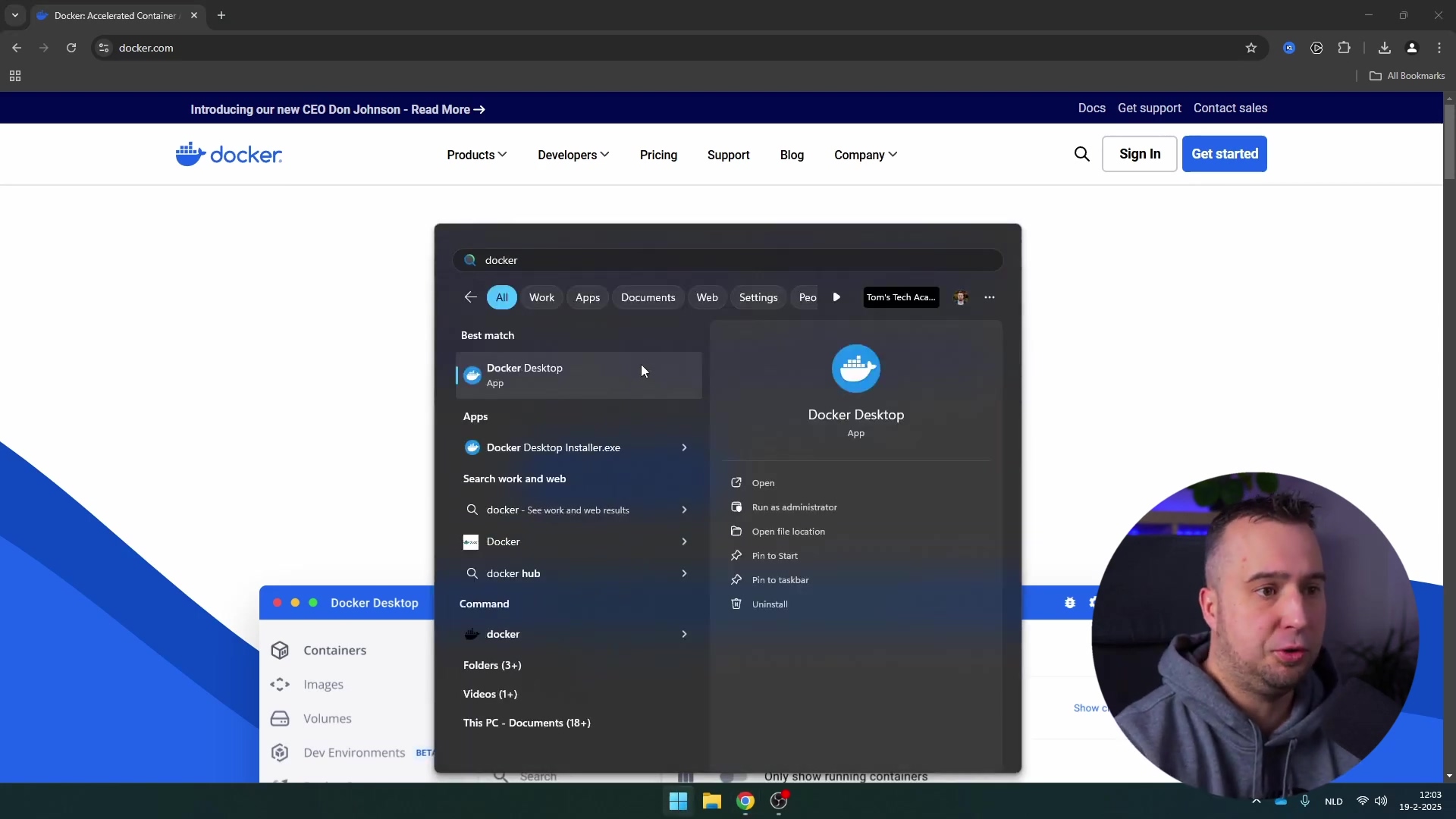 The image displays a Windows search bar overlayed on the Docker Desktop application. The search bar shows 'docker' typed in, and the search results list 'Docker Desktop' as the 'Best match' and an 'App'. Other results include 'Docker Desktop Installer.exe', 'Search work and web', 'docker - See work and web results', 'Docker', 'Docker hub', and 'Command'. On the right side of the search results, there are options to 'Open', 'Run as administrator', 'Open file location', 'Pin to Start', 'Pin to taskbar', and 'Uninstall' for 'Docker Desktop'. The Docker Desktop application interface is partially visible behind the search bar, showing 'Containers', 'Images', 'Volumes', and 'Dev Environments' in the left sidebar.